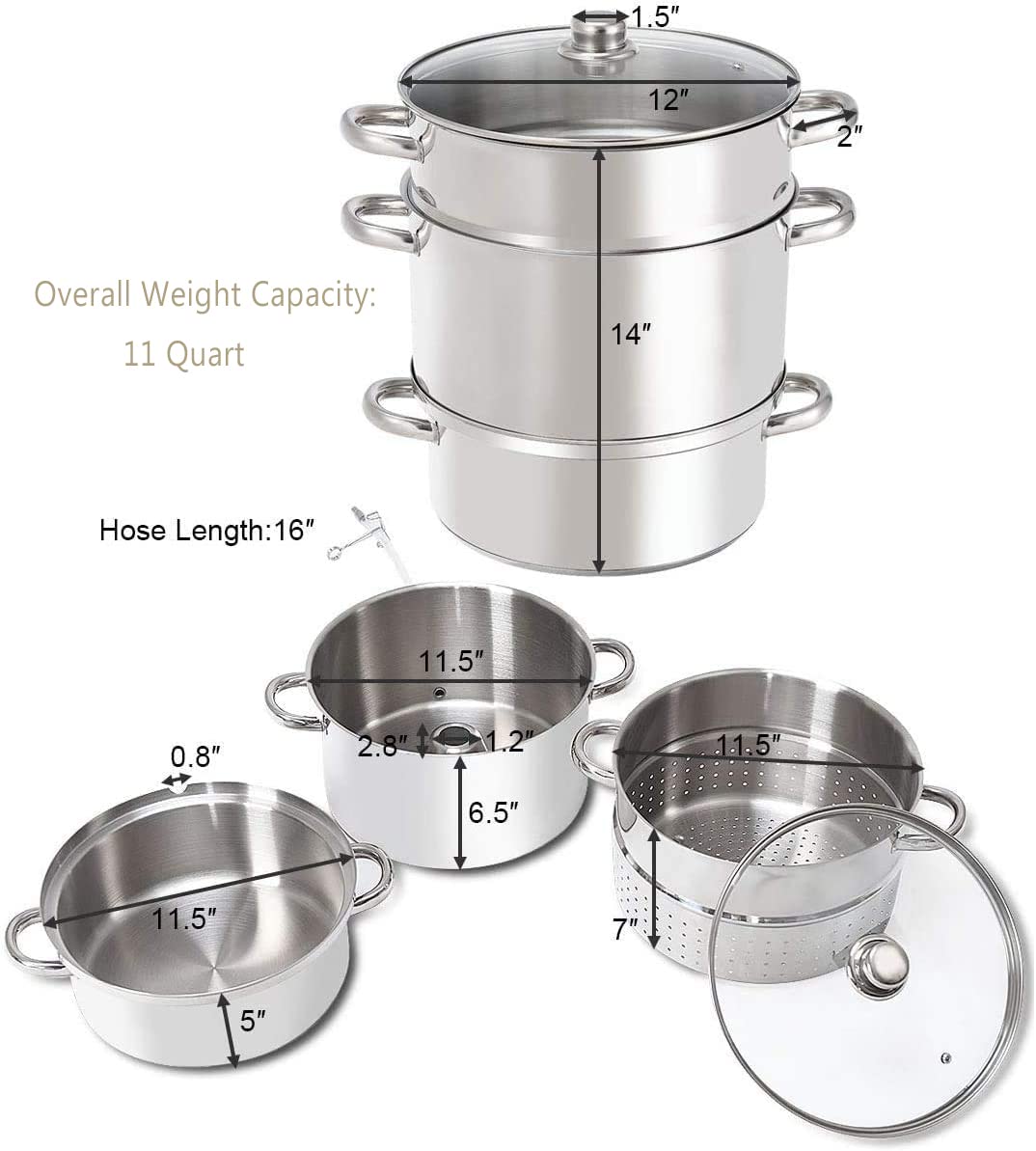 FANTASK 11-Quart Stainless Steel Steam Juicer & Pasta Pot with Tempered Glass Lid - Includes Hose, Clamp & Safe Loop Handle - Easy to Use for Extracting Juice from Fruits & Vegetables - Perfect for Home Canning, Jam Making & Healthy Cooking