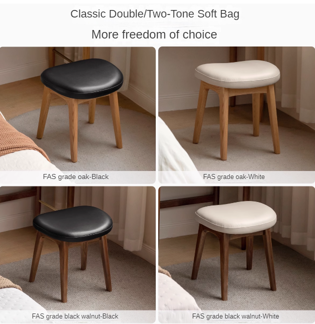 Premium Solid Oak & Black Walnut Wood Makeup Stool - Elegant Vanity Seat with Cushion for Bedroom, Dressing Room & Beauty Salon