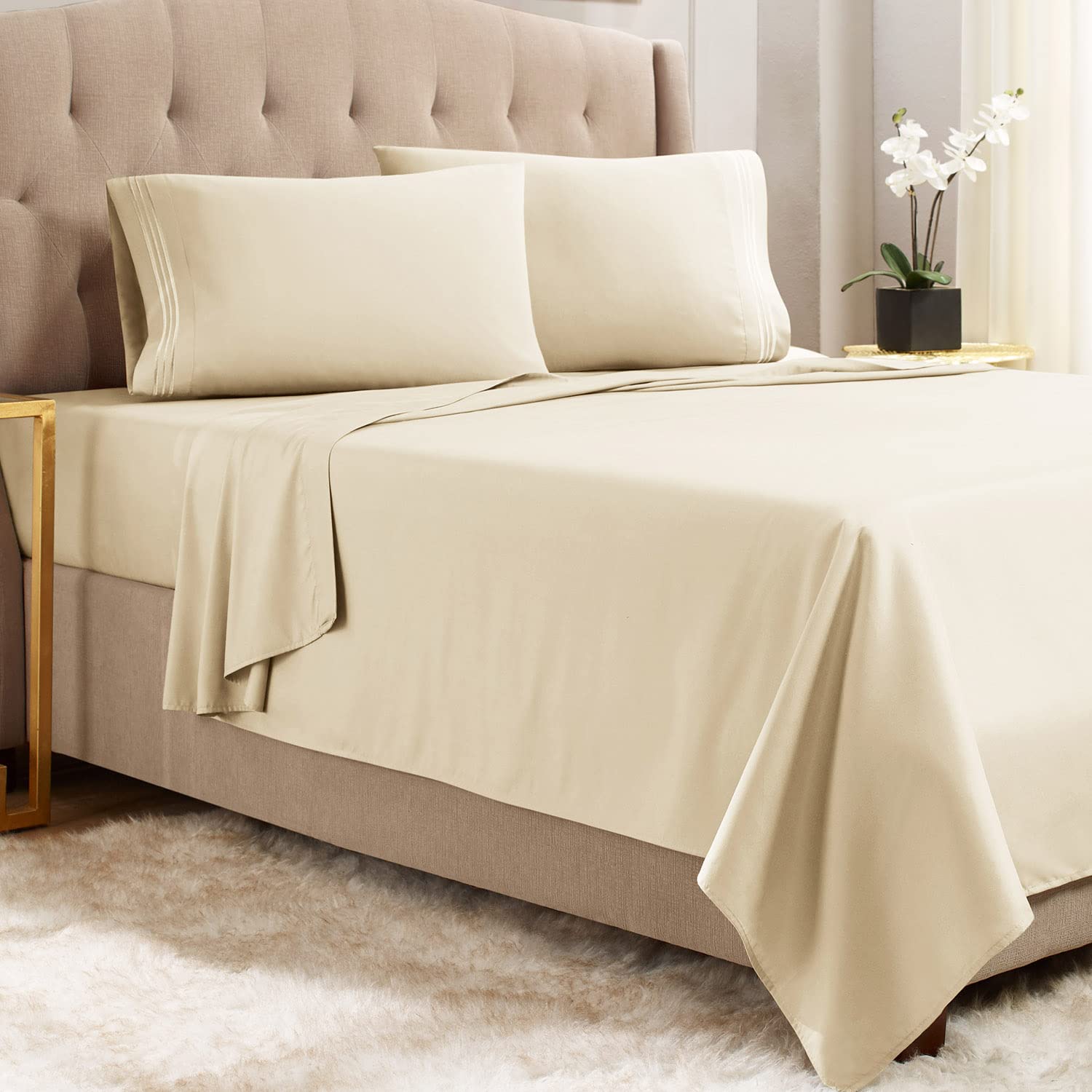 Empyrean King Size Sheet Set - 4 PC Ultra Soft Double Brushed Microfiber Bedding for King Bed - Luxury Hotel Quality Cream Beige Sheets with Deep Pocket & 4 Corner Elastic Straps - Perfect for Master Bedroom, Guest Room & Vacation Homes