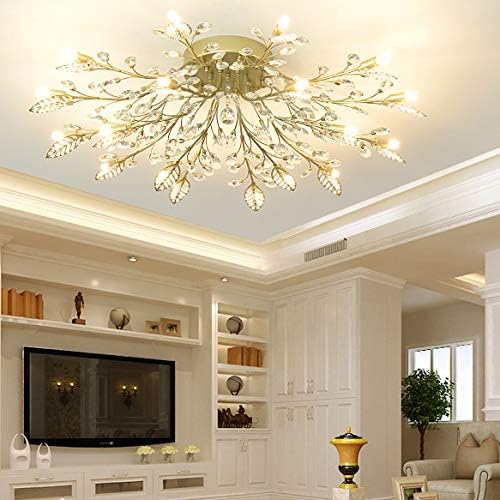 Black & Gold Contemporary Leaf Semi Flush Mount Ceiling Light with Clear Crystal Accents - 18-Light Modern Chandelier for Dining Room, Bedroom, or Living Room Lighting