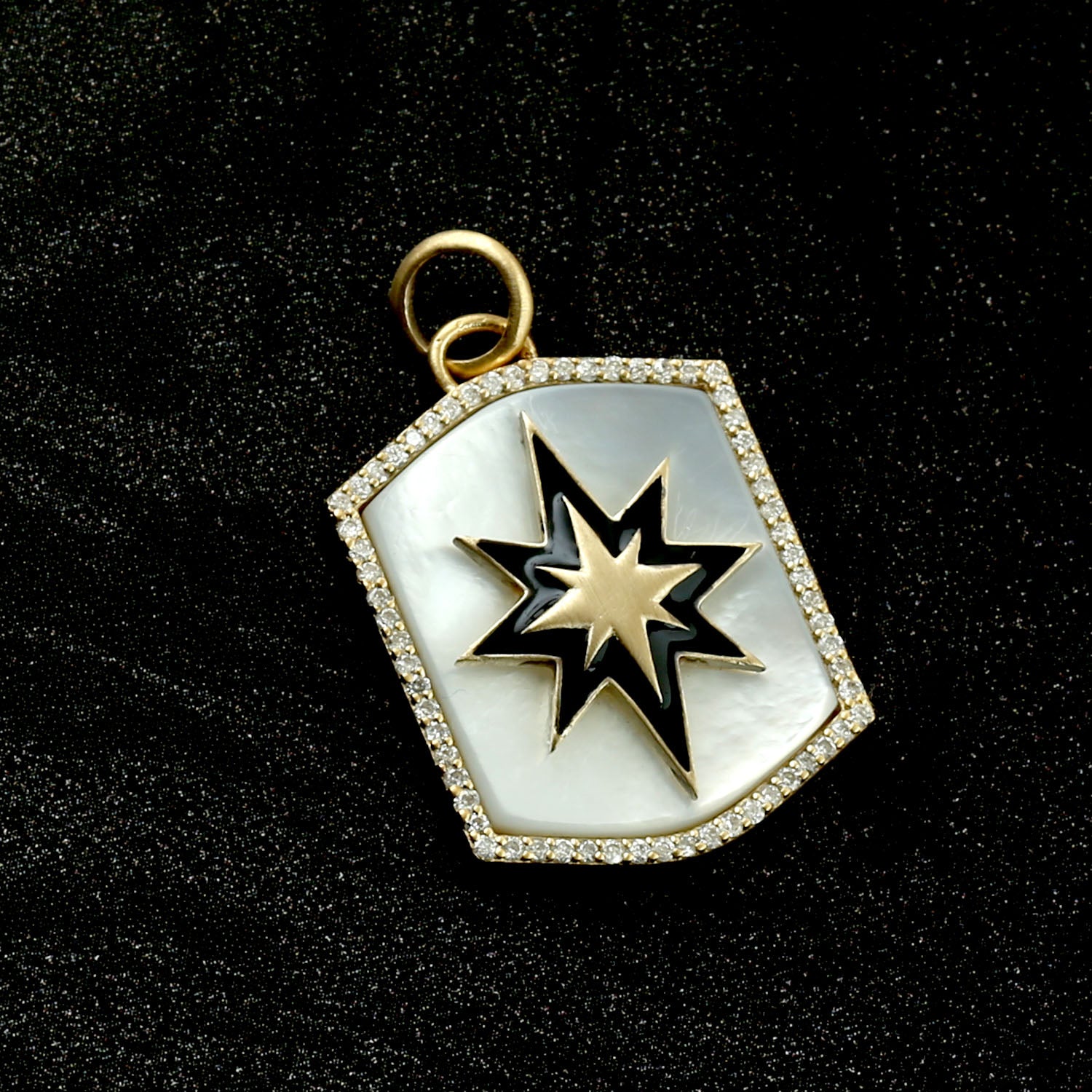 14K Yellow Gold Fancy Cut Mother of Pearl Pave Diamond Star Enamel Pendant Necklace - Elegant Jewelry Gift for Women, Perfect for Parties, Weddings & Special Occasions