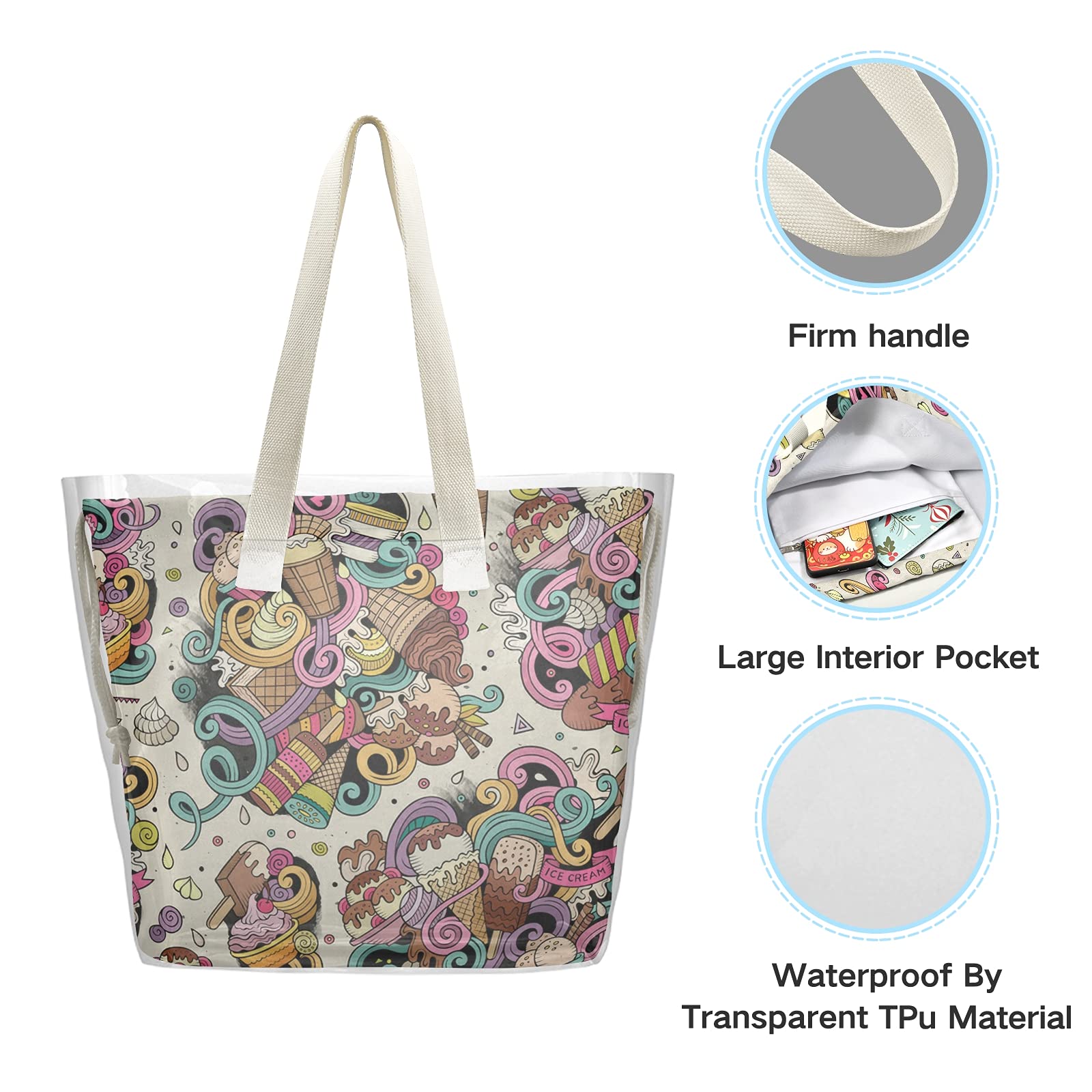 Hand Drawn Desserts Clear Tote Bags for Women - 2 in 1 Transparent Shoulder Bag & Shopping Beach Tote - See Through Canvas Handbag for Work, Casual, Party & Concert - Perfect for Grocery Shopping, Beach Outings & Music Festivals