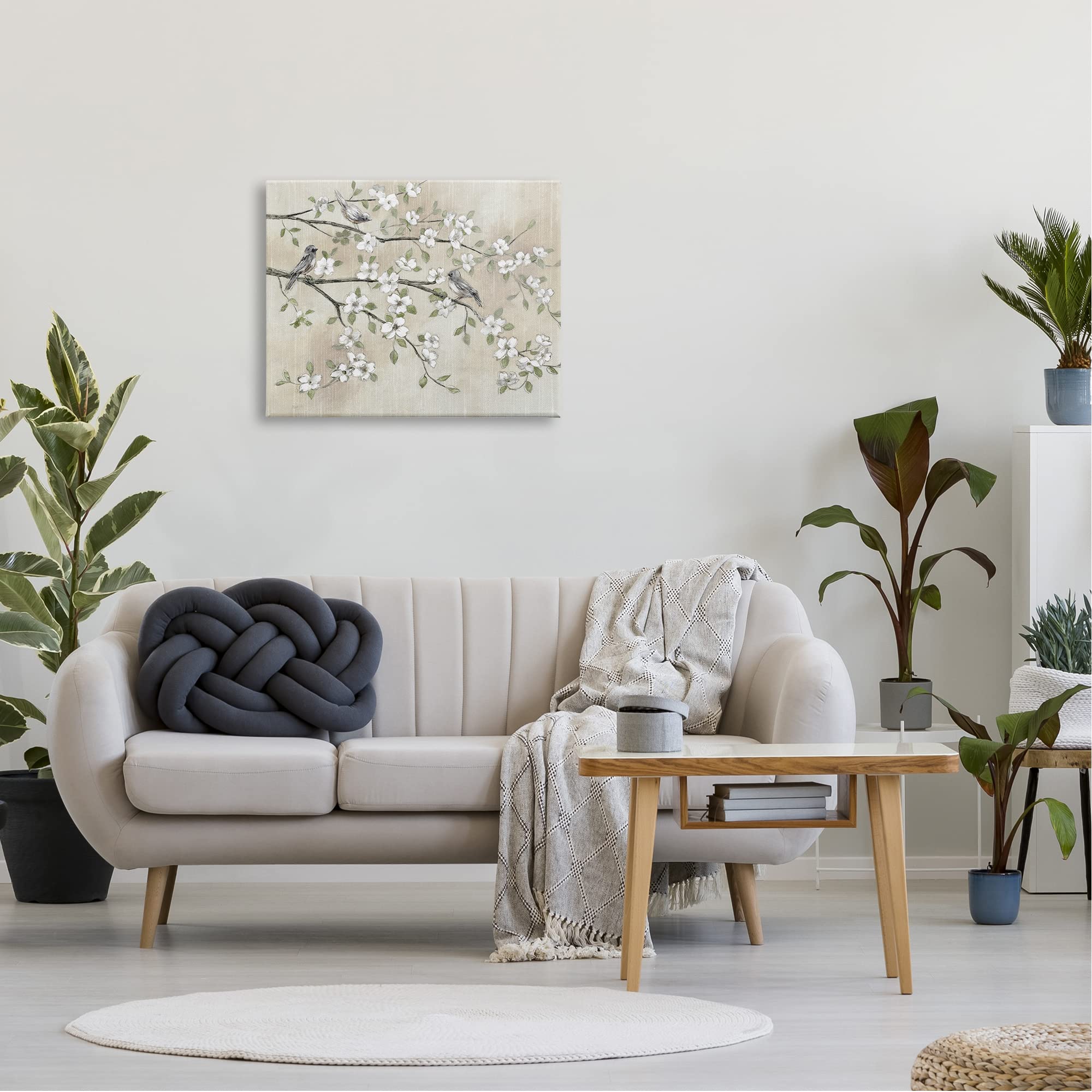 Stupell Industries Traditional White Cherry Blossom Birds Branches Wall Art Painting - Handcrafted Floral Canvas Print by Artist Nan - Perfect for Living Room, Bedroom & Office Decor