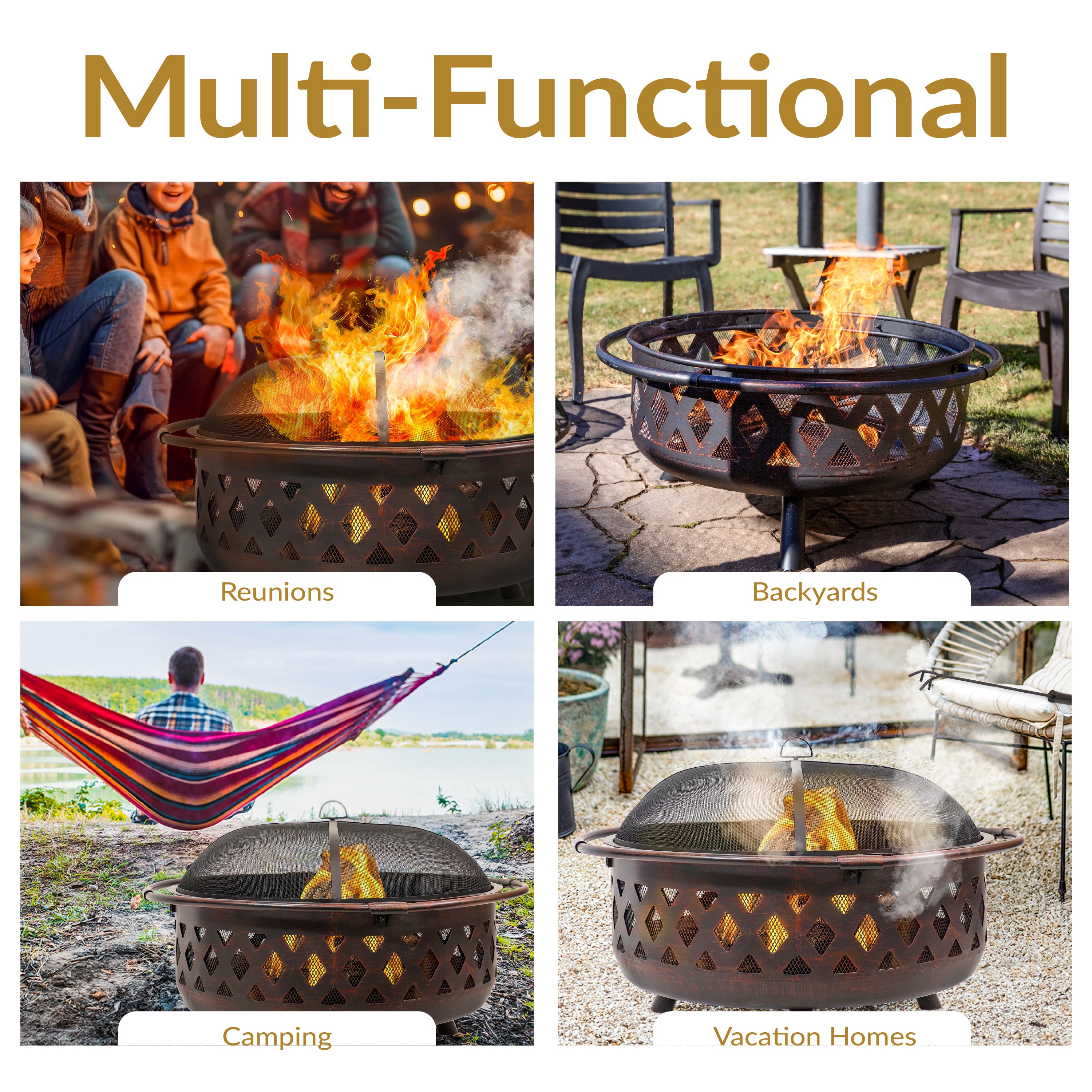 Sunnydaze Bronze Crossweave Outdoor Fire Pit with Spark Screen & Poker - Heavy Duty Steel Wood Burning Firepit for Backyard, Patio, Camping & Bonfires