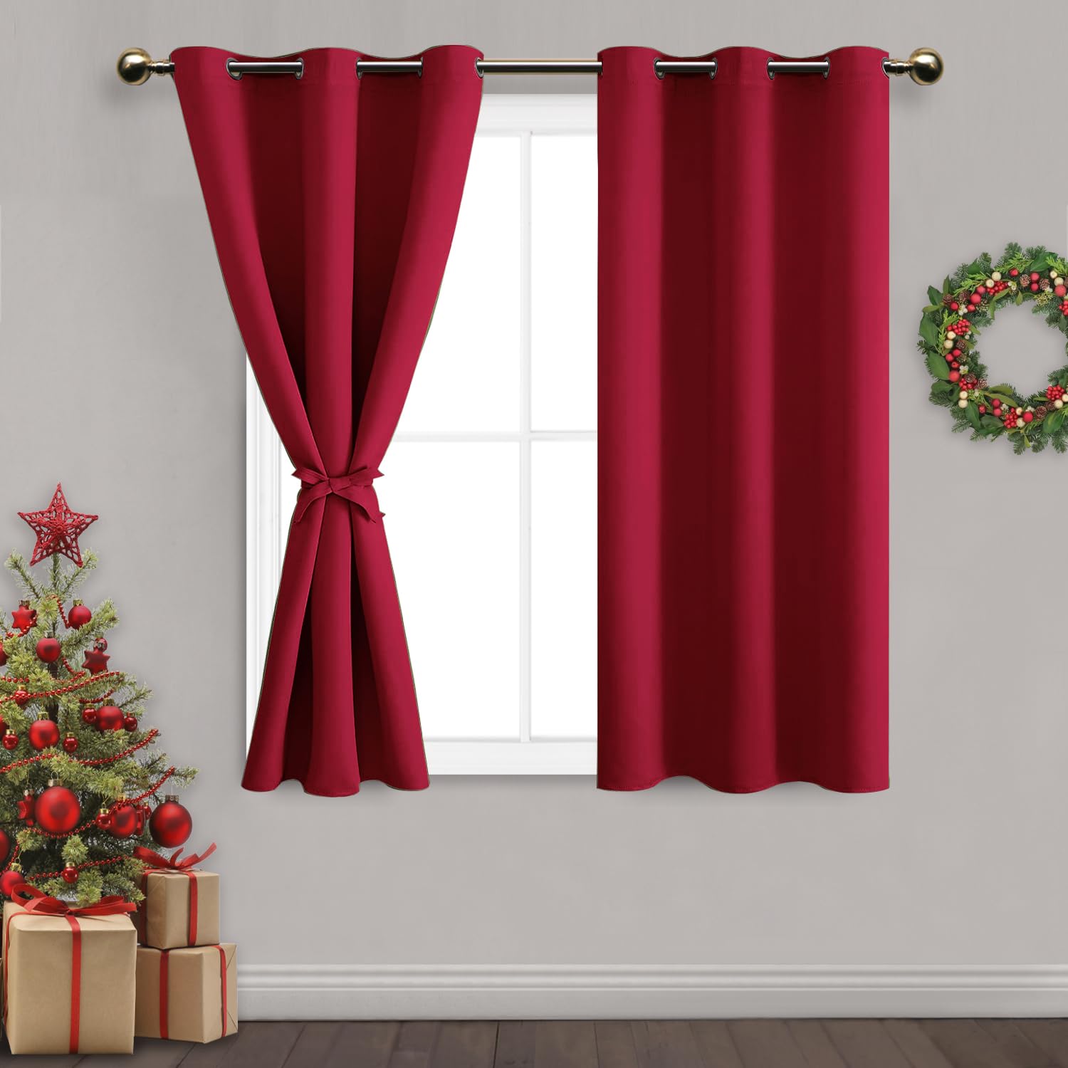 DWCN Blackout Curtains for Bedroom & Living Room - Thermal Insulated Red Window Curtains with Grommet Top & Tiebacks (42x54 Inch, 2 Panels) - Perfect for Christmas Decor, Privacy Protection & Energy Savings
