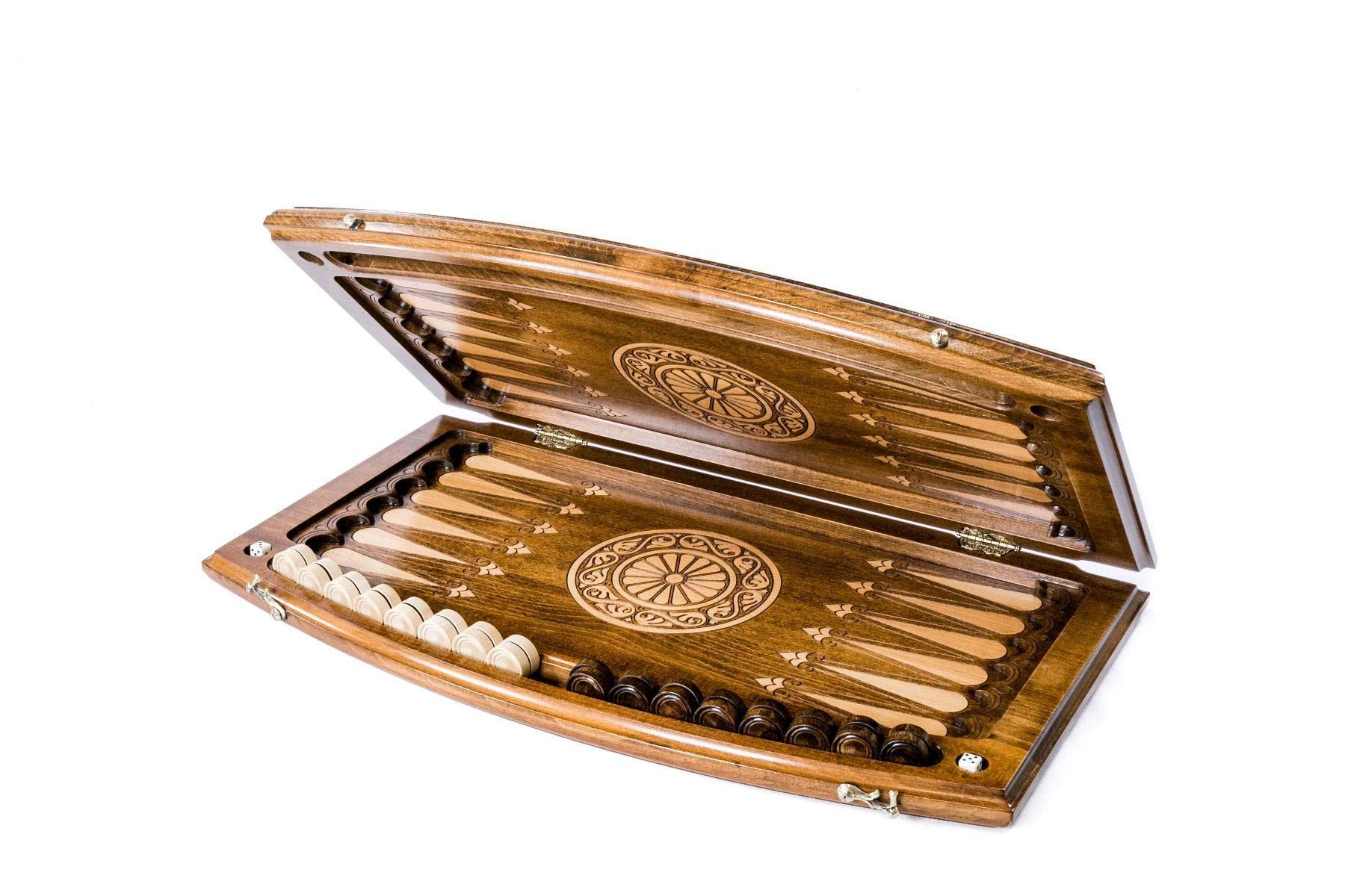 Handmade Walnut Wood Backgammon Board Game - Armenian Nardi Nardy with Floral Carvings - Classic Checkers & Chess Tabletop Game for Adults - Perfect Gift for Game Nights & Home Decor