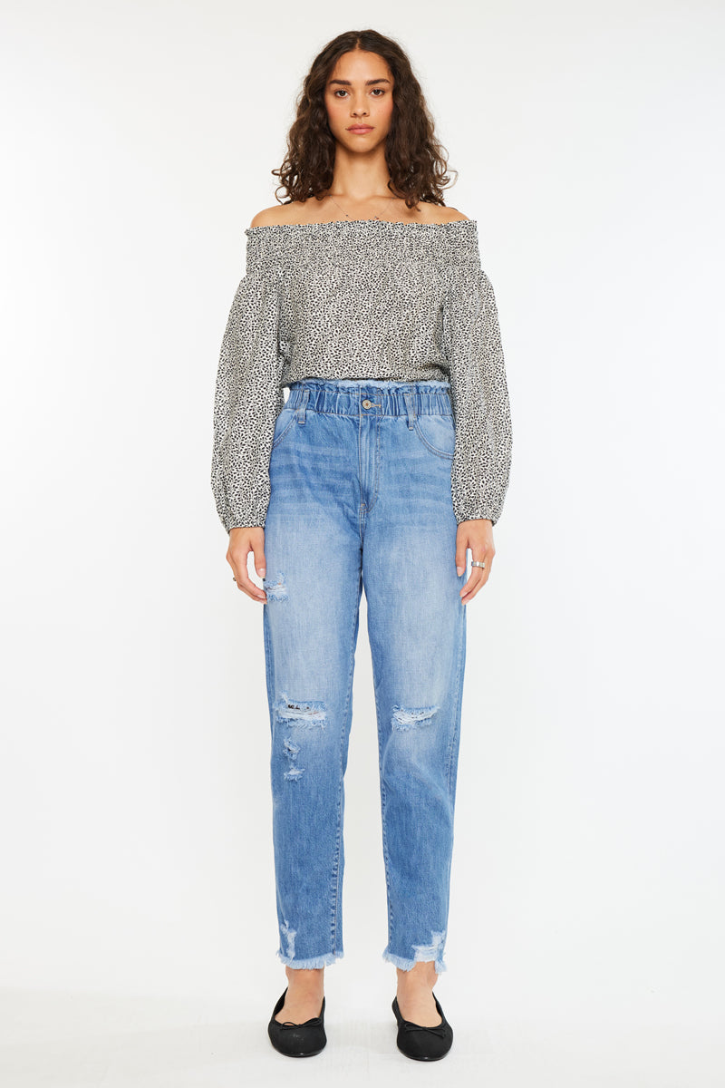 Angel Ultra High Rise Paperbag Mom Jeans - Vintage High Waisted Stretch Denim Pants for Women | Perfect for Casual Outfits, Date Nights & Street Style Fashion
