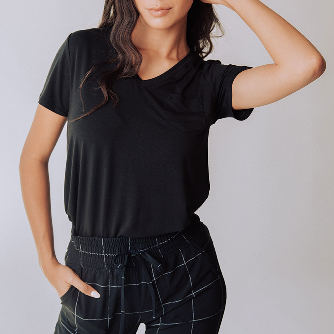 Premium Soft Bamboo V-Neck T-Shirt for Women - Breathable & Eco-Friendly Black Tee - Perfect for Casual Wear, Yoga & Lounge