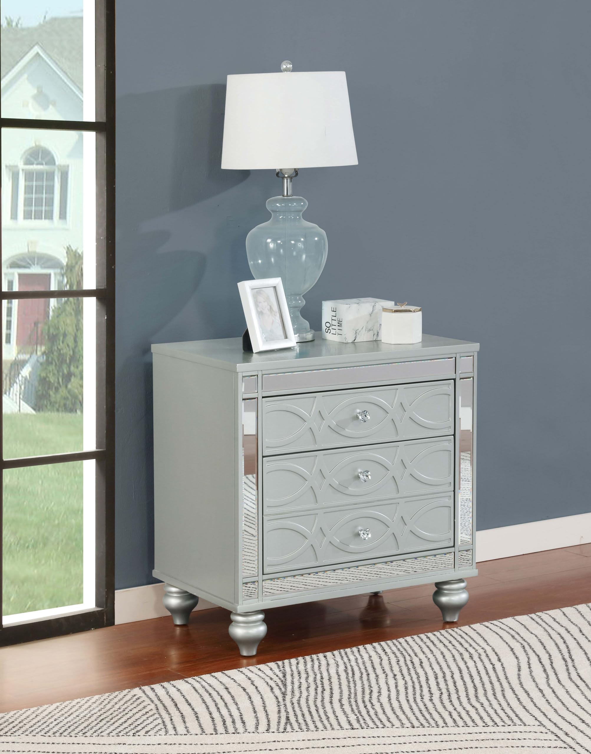 Modern Wood Nightstand with 2 Drawers & USB Charging Port - Silver Metallic Bedside Table for Bedroom Storage | Coaster Home Furnishings Gunnison Collection | Perfect for Small Spaces, Apartment Living & Guest Rooms