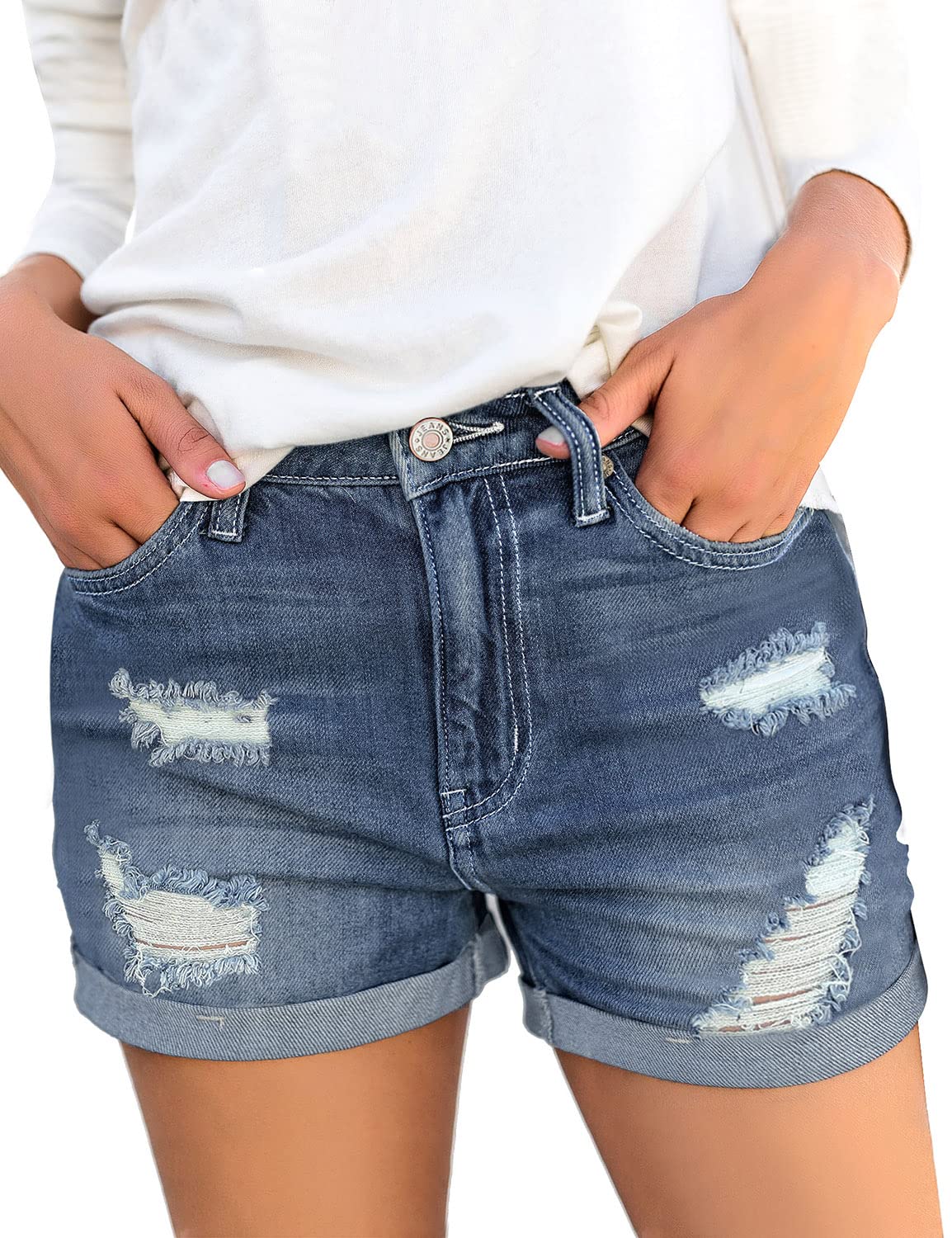 Luvamia Women's Ripped High Waisted Stretchy Denim Shorts with Cuffed Hem - Comfortable Distressed Jean Shorts for Summer, Casual Outfits, and Streetwear Fashion