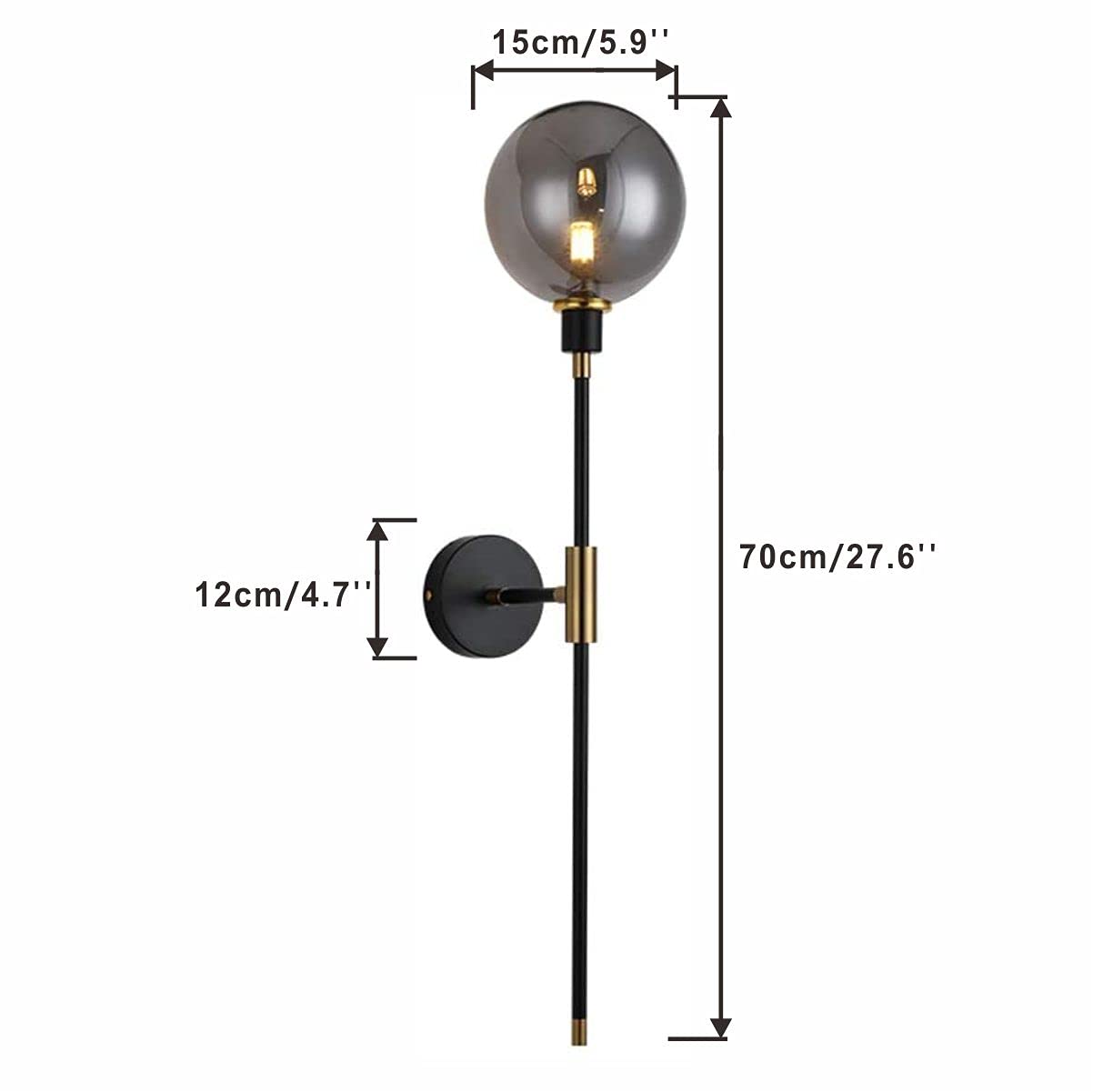 Modern Glass Globe Wall Sconce Light Set of 2 - Brass & Black Contemporary Lighting with Smoke Glass for Hallway, Bedroom, or Living Room - Large Long Sconce Wall Lights for Home Decor