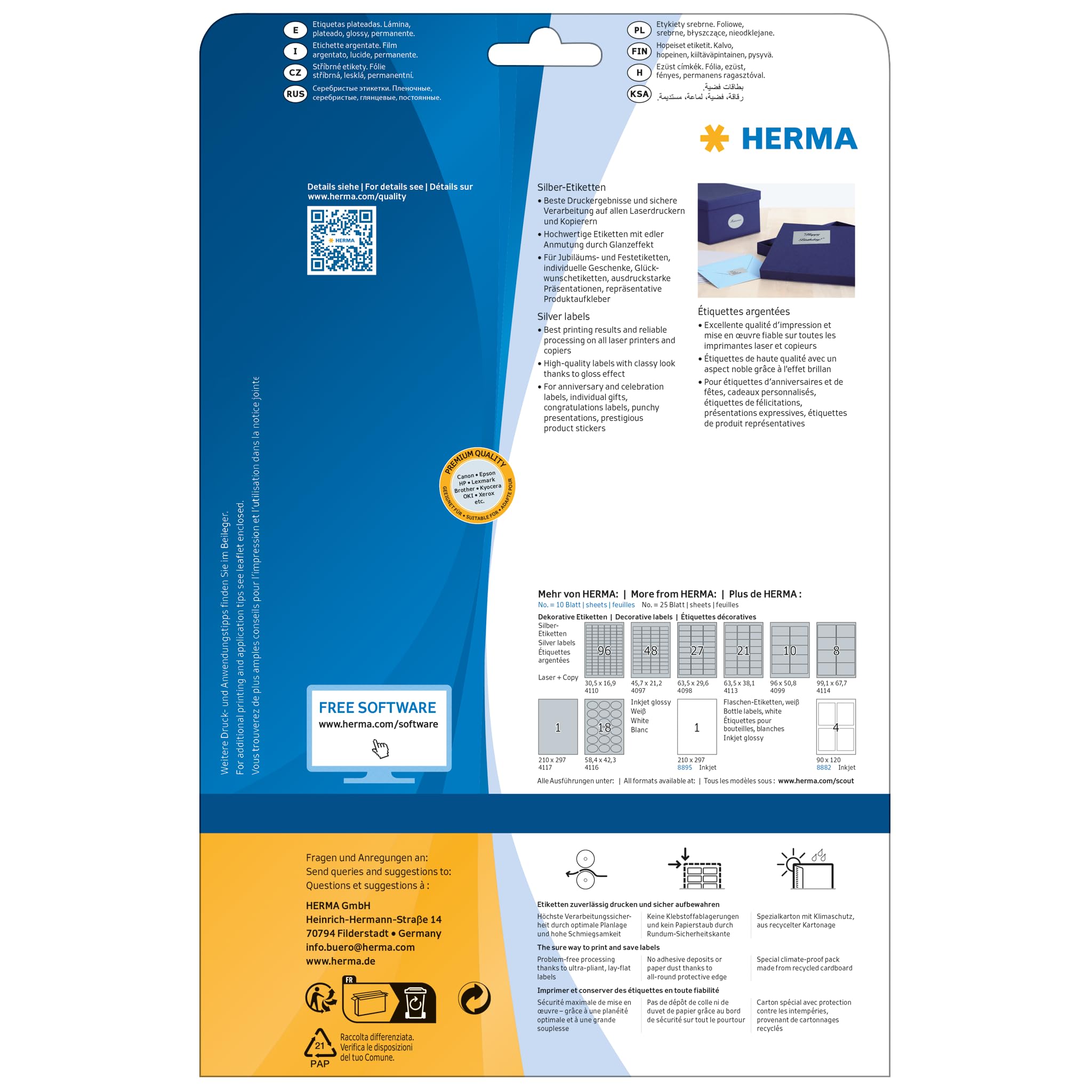 HERMA Self Adhesive Film Labels - 450 Blank Weatherproof Oval Stickers (58.4x42.3mm), 18 Labels per A4 Sheet, 25 Sheets Pack - Compatible with Laser & Inkjet Printers - Silver - Perfect for Shipping Labels, Pantry Organization & Product Packaging