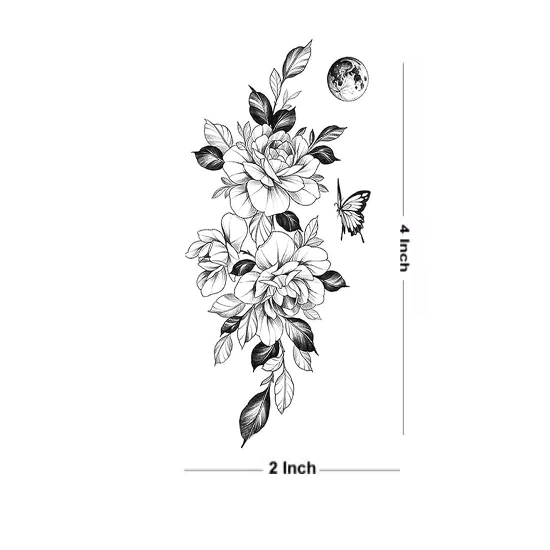 Tatmods Rose with Moon Butterfly Waterproof Temporary Tattoos for Men, Women, Girls & Kids - Perfect for Parties, Festivals & Summer Beach Fun
