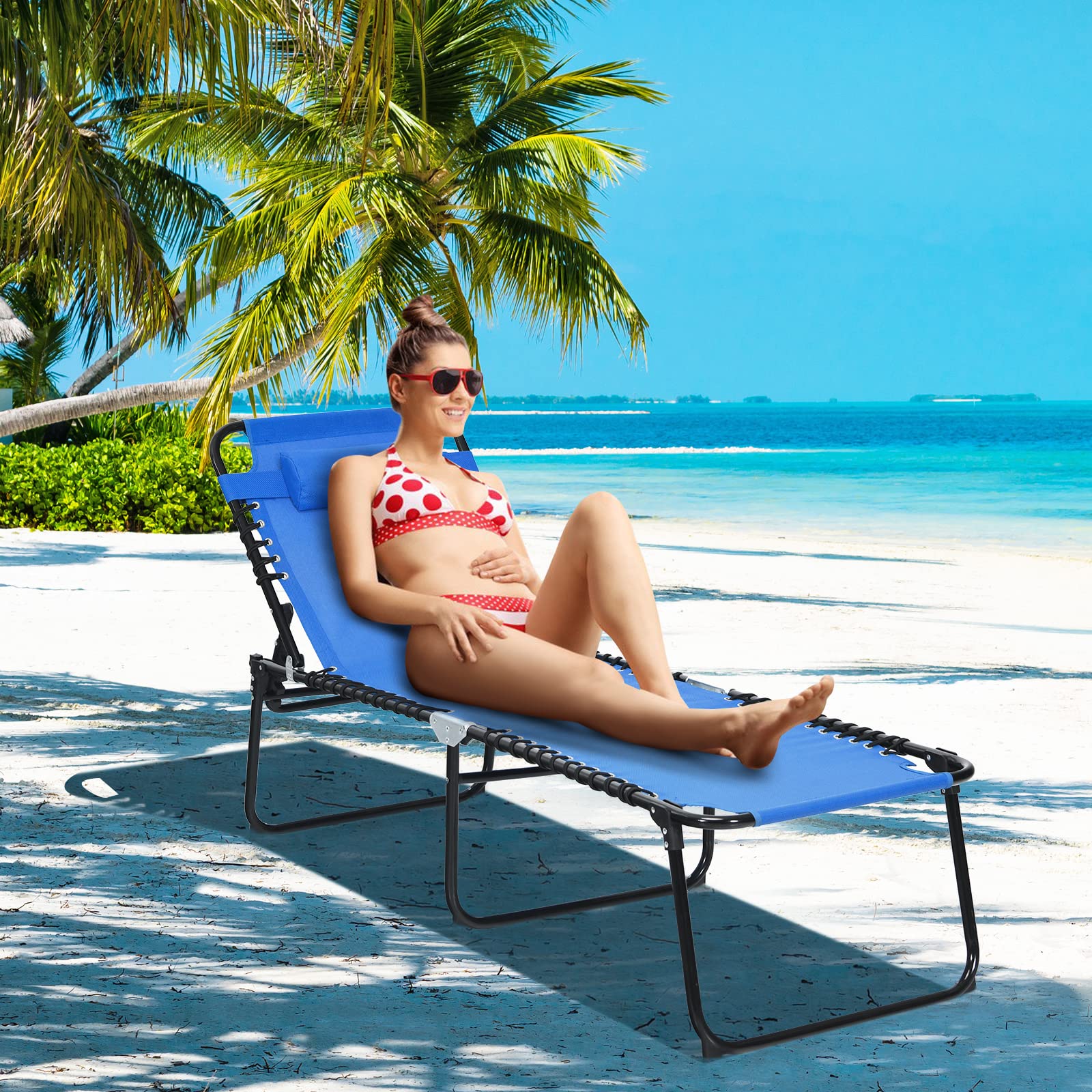 Gymax Outdoor Lounge Chair - Extra Tall Folding Beach Chair with 4-Position Adjustable Backrest, 2-Level Footrest & Detachable Pillow - Perfect for Tanning, Sunbathing by Pool, Patio, Lawn or Backyard (Navy Blue)