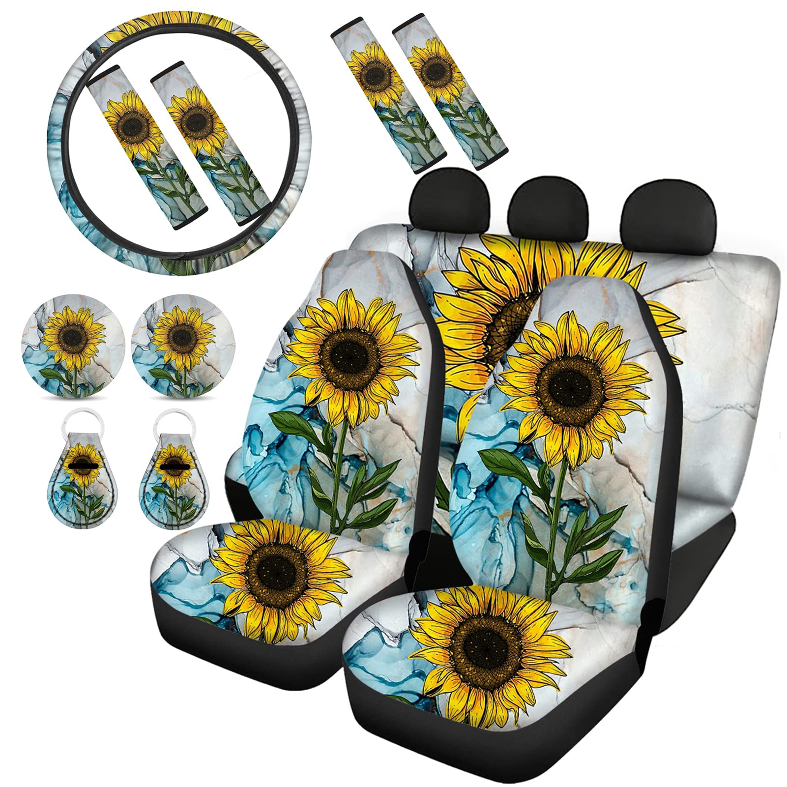 POLERO Marble Sunflower Car Seat Cover Set - 13pcs with Steering Wheel Cover, Seatbelt Covers, Coasters & Keychains | Waterproof & Non-Slip for Cars, SUVs & Trucks | Perfect Gift for Women & Car Enthusiasts