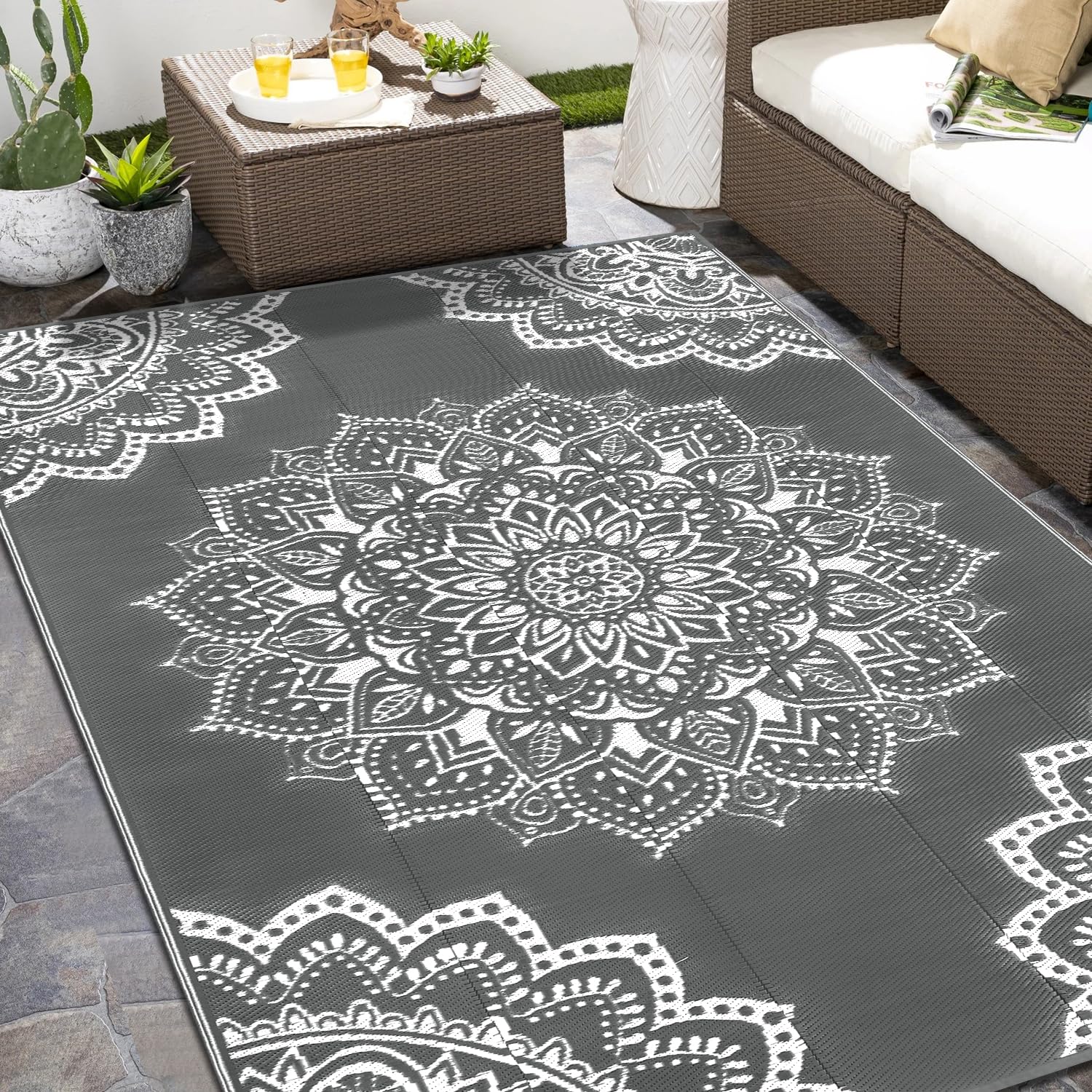 Yamaziot 6x9 ft Waterproof Outdoor Rug - Reversible Plastic Straw Mat for Patio, Camping, RV, Porch, Deck, Backyard, Balcony & Picnic - Durable Grey Exterior Carpet for All-Weather Use