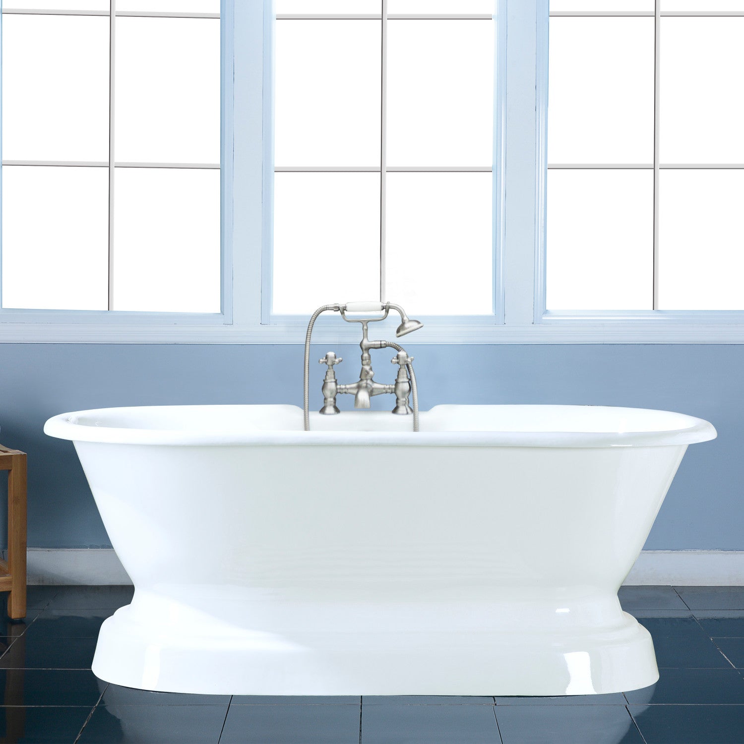 Aqua Eden 66 Inch White Cast Iron Oval Double Ended Pedestal Bathtub with 7 Inch Faucet Drillings - Freestanding Soaking Tub for Luxury Bathroom & Spa Relaxation