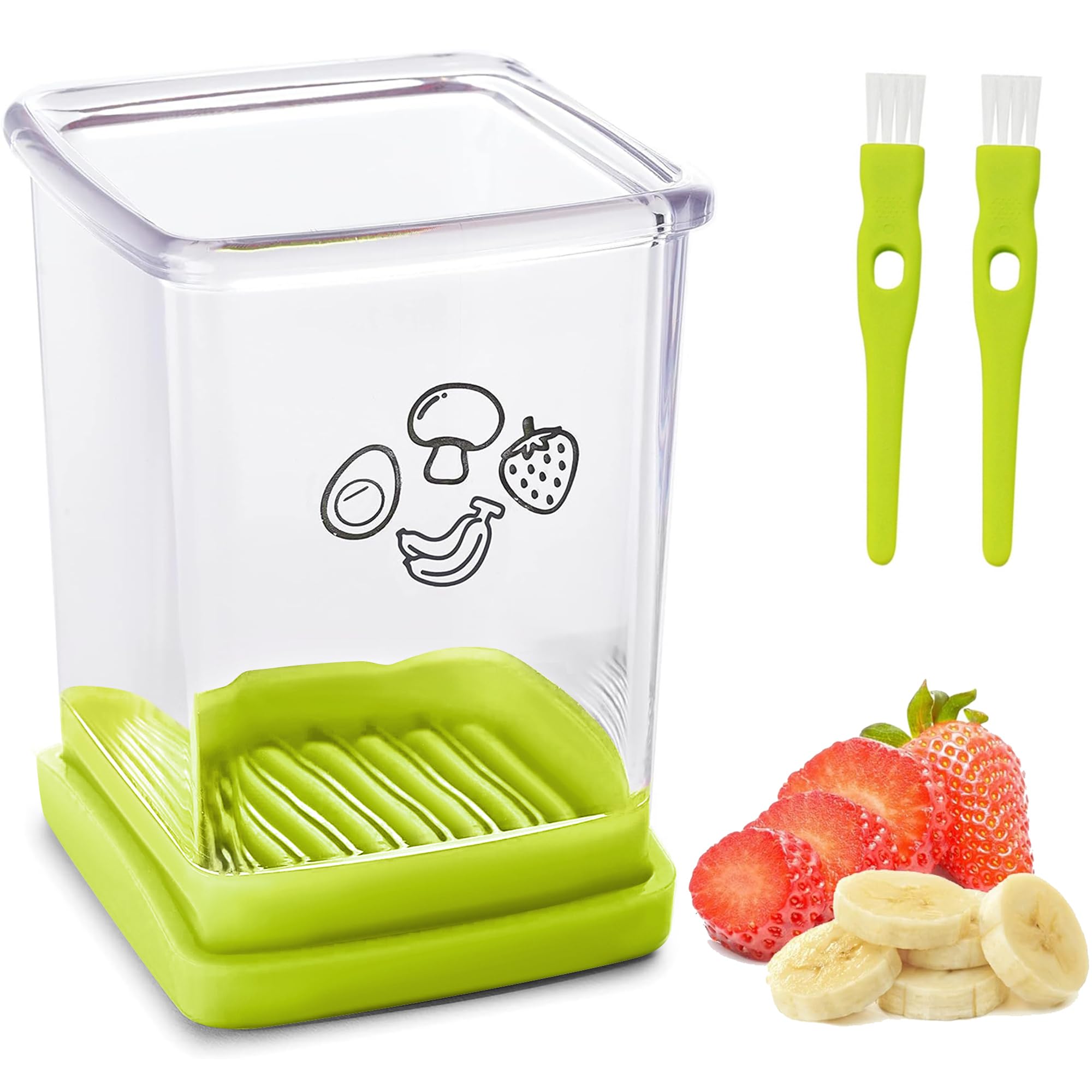 Premium Stainless Steel Fruit Slicer Cup - 5-in-1 Strawberry, Egg, Banana & Vegetable Cutter with Push Plate | Fast & Easy Fruit Salad Maker | Perfect for Smoothie Bowls, Party Platters & Healthy Snacking (Green Kitchen Gadget)