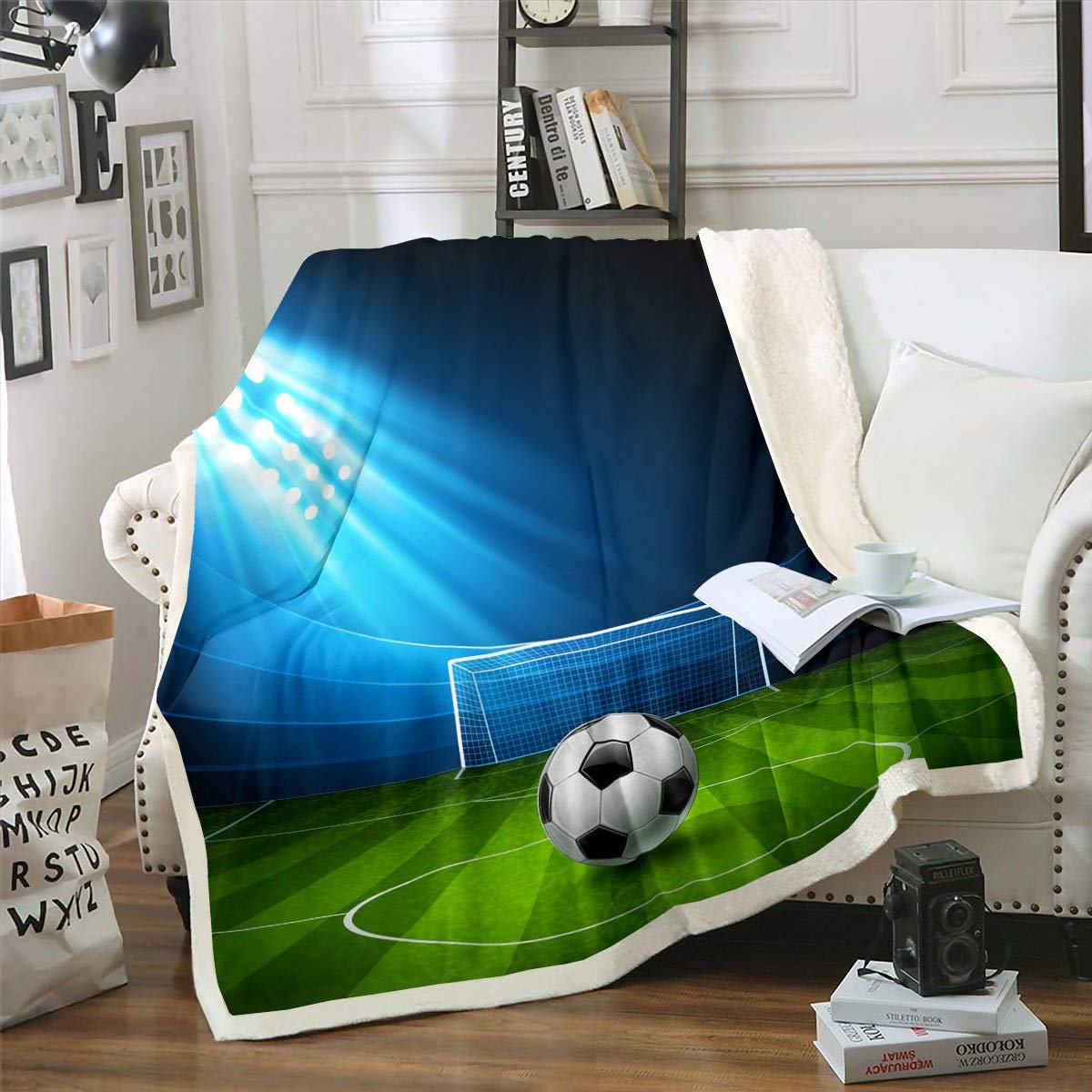 Feelyou Football Sherpa Fleece Blanket - Sports Theme Soccer Ball Pattern Ultra Soft Plush Throw for Boys - Warm Cozy Blanket for Sofa, Couch, Bed - Perfect for Game Nights, Room Decor, Gifts - Twin Size 60x80 Inches