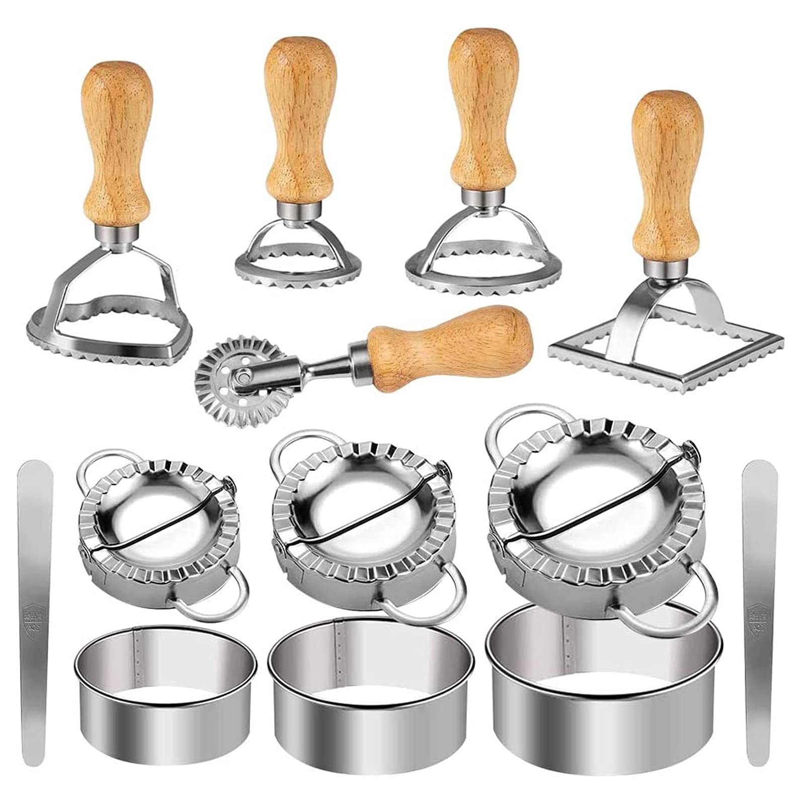 Premium Stainless Steel Dumpling Maker Set - 13PCS Ravioli Cutter, Stamp & Mold Kit with Wooden Handle - Perfect for Homemade Pasta, Lasagna, Pierogi - Ideal for Family Cooking, Holiday Meals & Italian Cuisine Lovers