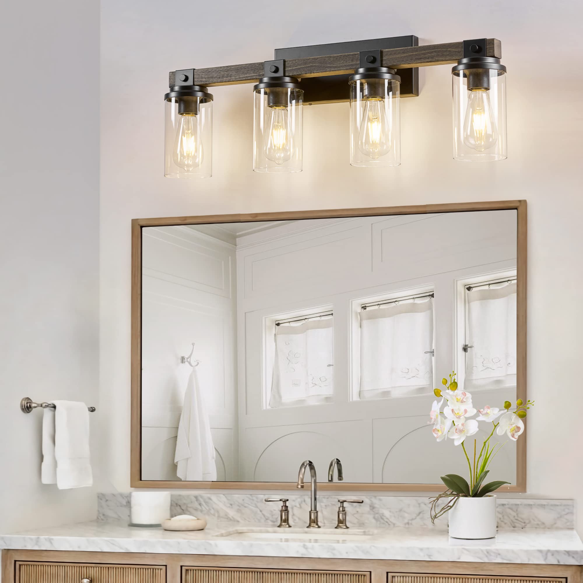 Modern Black Bathroom Vanity Light Fixture - 4-Light Over Mirror Bathroom Lighting with Clear Glass Shades for Bathroom, Powder Room & Dressing Area - Elegant Home Decor & Spa-Style Ambiance