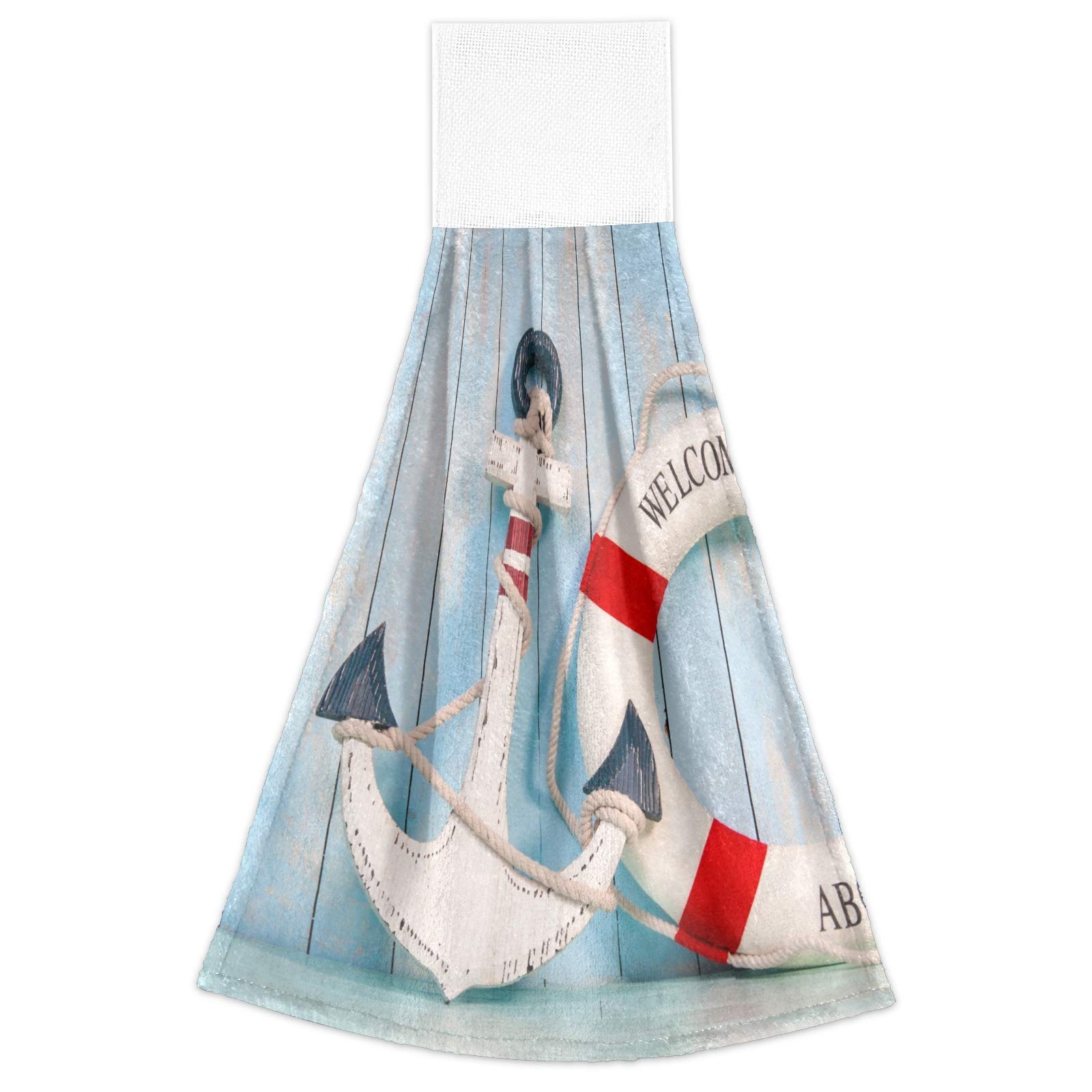 2-Pack Marine Anchor Life Buoy Hanging Kitchen Towels - Soft Coral Velvet Hand & Dish Towels with Loops - Absorbent Bathroom Washcloths for Summer Holiday Decor, Beach House & Nautical Themed Kitchens