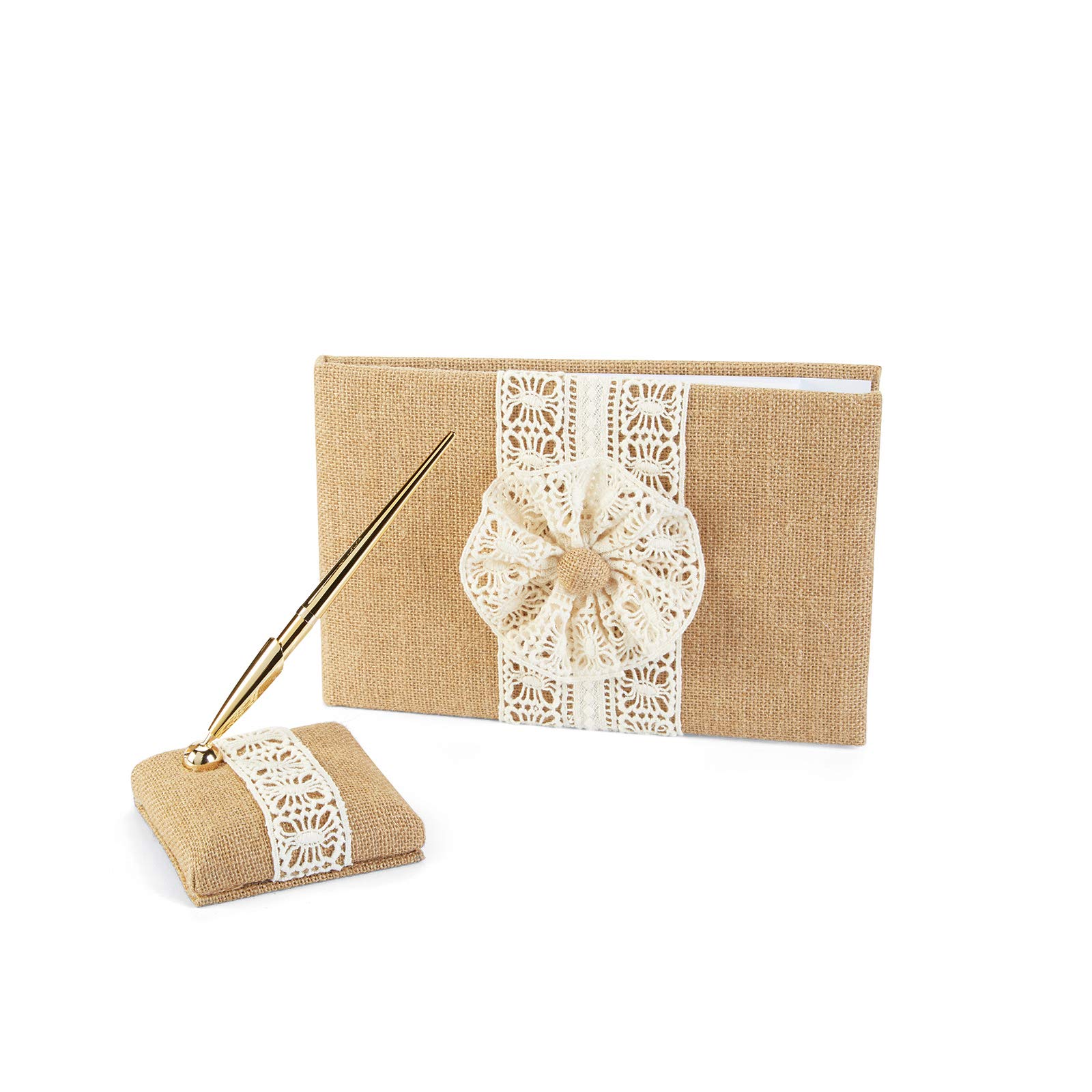 Rustic Wedding Guest Book Set with Burlap & Lace - Elegant Guest Signing Book for Wedding Ceremony, Reception & Bridal Shower - Perfect for Rustic, Vintage & Country-Themed Weddings