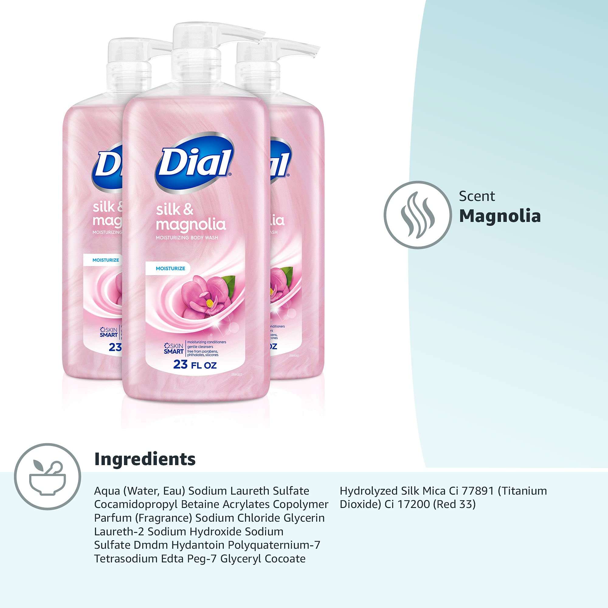 Dial Body Wash, Silk & Magnolia Scent, 23 fl oz (Pack of 3) - Moisturizing Shower Gel for Dry Skin, Perfect for Daily Use & Relaxing Bath Time
