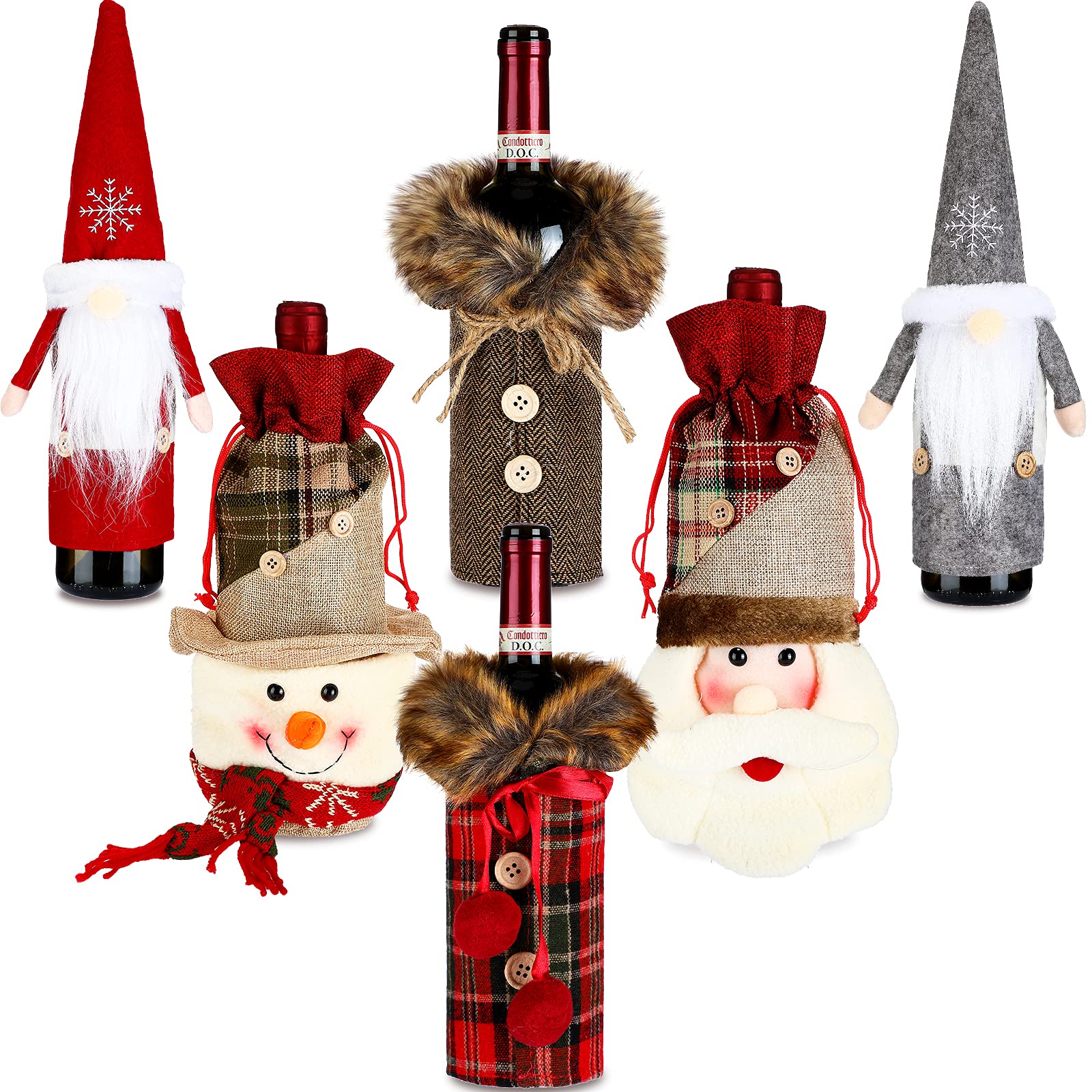 6-Piece Christmas Wine Bottle Covers Set - Santa Claus & Snowman Sweater Bottle Bags with Gnome Toppers | Faux Fur Drawstring Covers for Holiday, Birthday & Party Decorations | Perfect for Christmas Gifts, Home Decor & Festive Celebrations