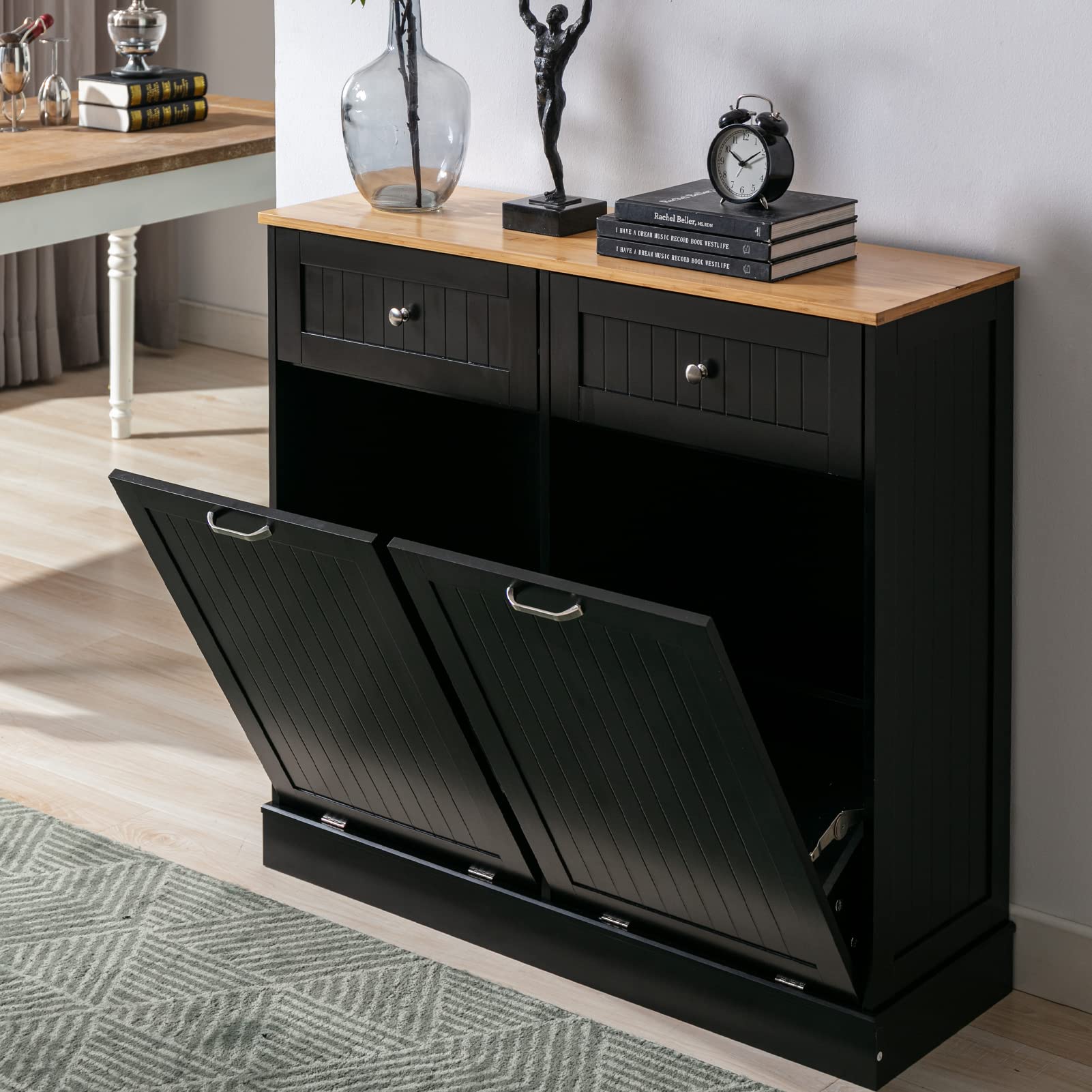 Gitua Freestanding Trash Cabinet with Tilt-Out Drawer - Pet Proof Kitchen Waste Bin & Laundry Hamper with Built-in Cutting Board - Wooden Recycling Station & Hideaway Trash Holder (2 Drawers, Black) - Perfect for Kitchens, Laundry Rooms & Small Spaces
