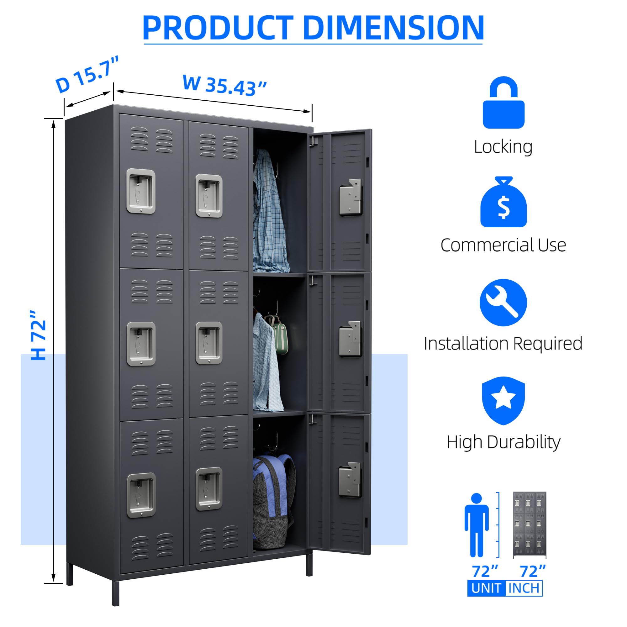 Heavy Duty 9-Door Metal Locker with Lock - Steel Storage Cabinet for Office, School, Gym & Bedroom - Includes 18 Hooks - Easy Assembly Required (Dark Grey) - Perfect for Employee Storage, Sports Equipment & Personal Belongings Organization