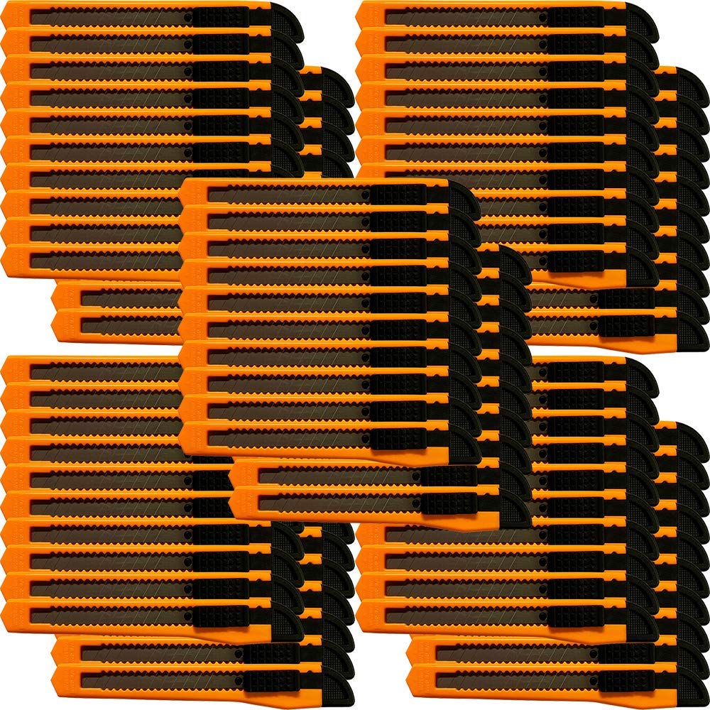 100-Pack Small Neon Orange Utility Knives with Snap-Off Blades - 9MM Box Cutters for Warehouse, Office, and DIY Projects