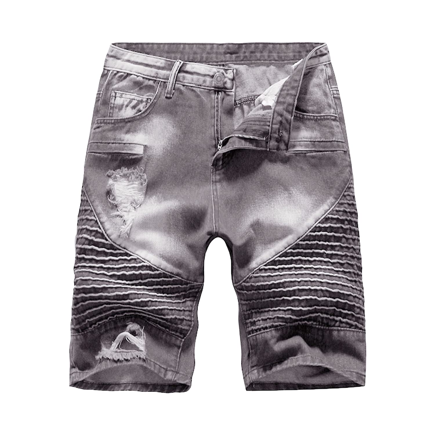 Vintage Ripped Men's Denim Shorts - Distressed Washed Straight Fit Jean Shorts for Men, Cool Stylish Wrinkle Denim Shorts (Grey, X-Large) - Perfect for Summer Outfits, Casual Wear, Beach Parties and Street Style Fashion