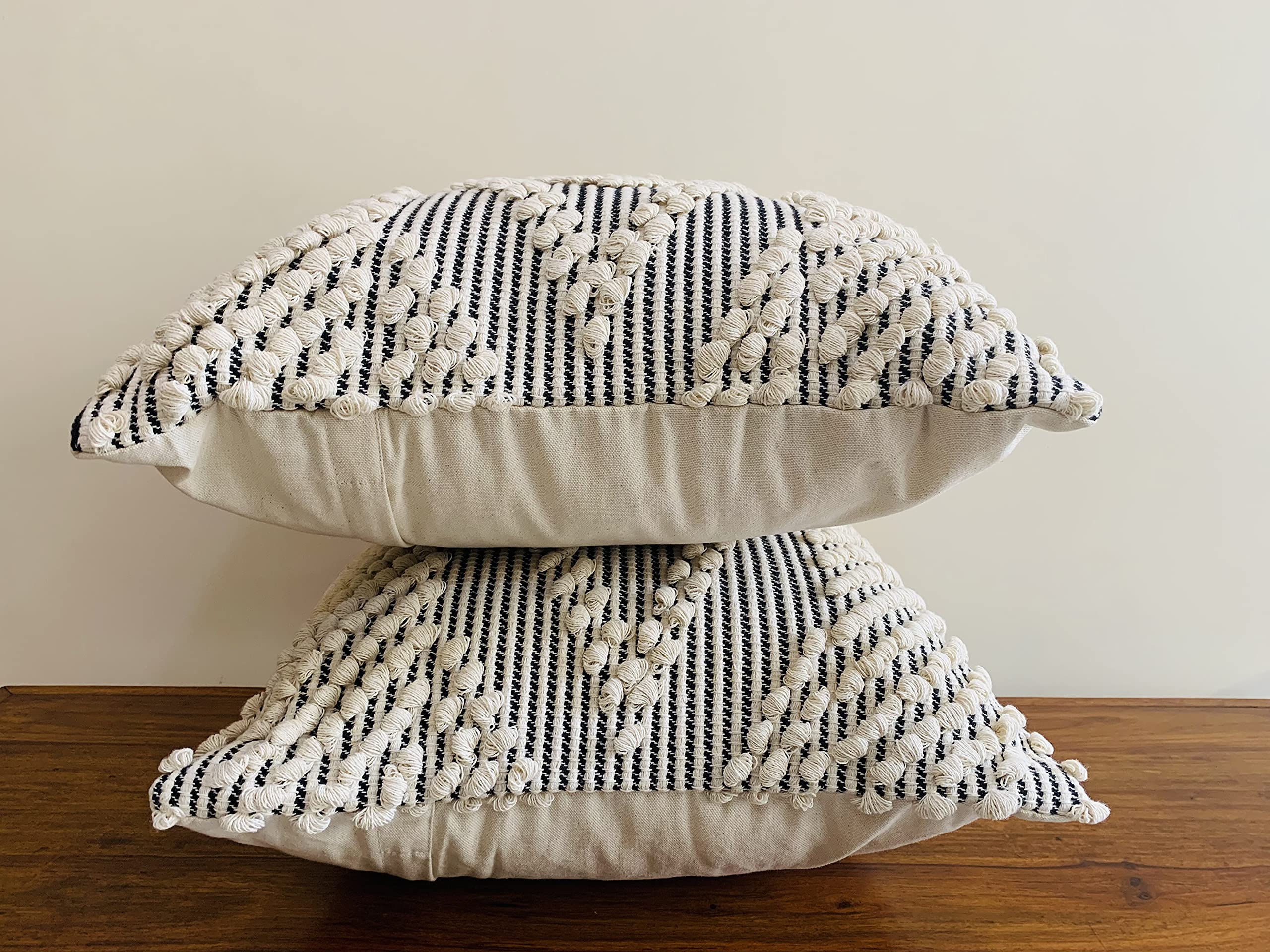 Boho Throw Pillow Covers Set of 2 - 18x18 Inch Handwoven Cotton Decorative Tassel Pillow Cases for Sofa, Bed & Living Room - Natural Tufted Hug Pillow Covers with Loop Handloom Design | Perfect for Bohemian Home Decor, Cozy Reading Nooks & Accent Pillows