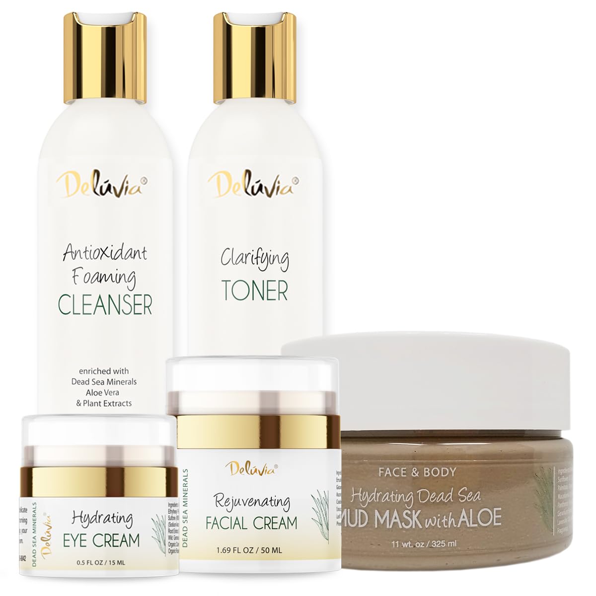 Deluvia Premium Facial Kit - Gentle Foaming Cleanser, Clarifying Toner, Hydrating Moisturizer & Eye Cream with Dead Sea Mud Mask | Complete Skincare Routine for Dry, Sensitive & Acne-Prone Skin | Perfect for Morning & Night Use