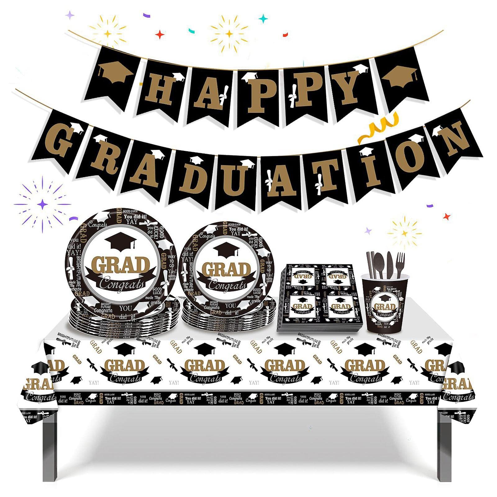 2022 Graduation Party Supplies Set - 114Pcs Disposable Paper Plates, Napkins, Cups & Tablecloth for Grad Decorations | Perfect for Graduation Ceremony, Open House & Celebration Parties