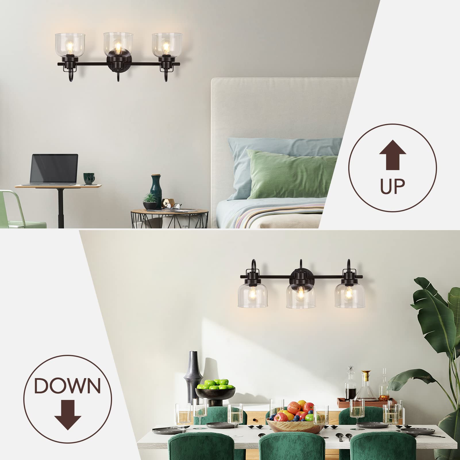 Bronze Bathroom Vanity Lights - 3-Light Fixture with Clear Glass Shade for Bathroom & Living Room