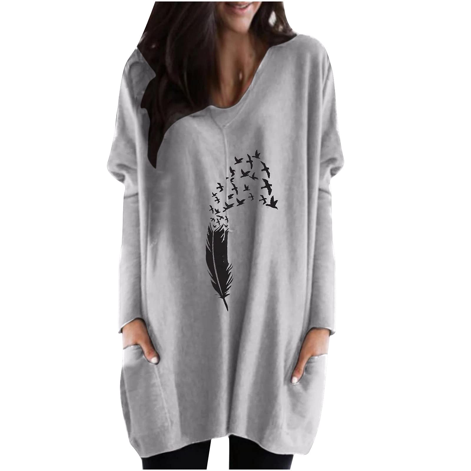 Women's Long Sleeve Dandelion Print Tunic Top - Loose Fit Casual Flowy Shirt with Pockets | Fall Fashion, Layering Piece & Everyday Wear