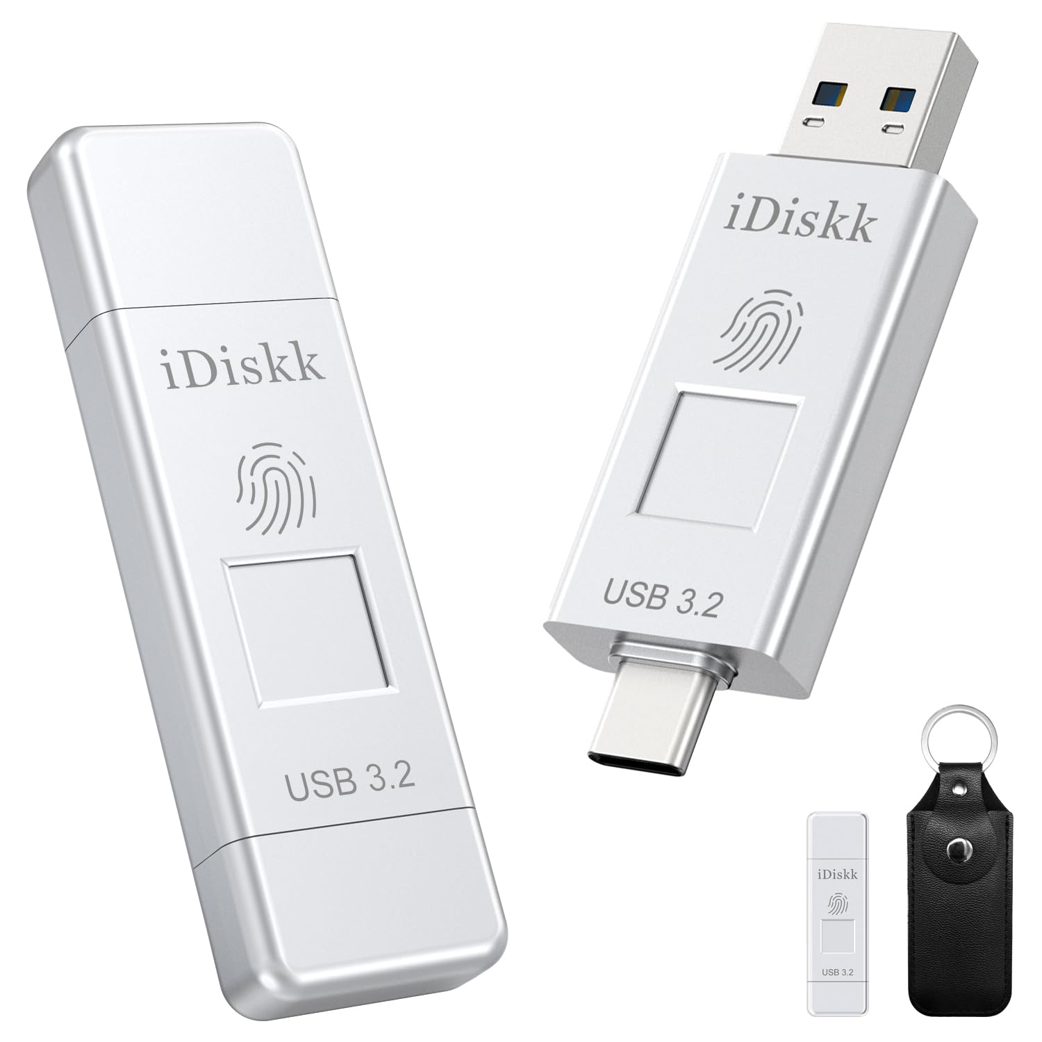 iDiskk 128GB USB 3.2 Flash Drive with Fingerprint Encryption - 500MB/s for iPhone 15/16, Android, PC & Mac - Secure Portable Storage for Photos & Files