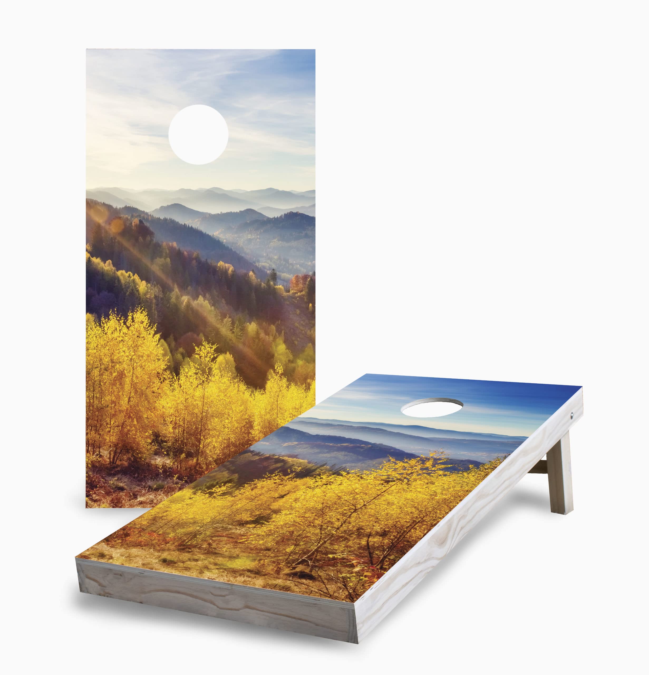 Skip's Garage Autumn Mountains Corn Hole Board Set - 2 Boards, 8 Bags & Accessories - Perfect for Backyard Parties, Tailgating & Outdoor Games