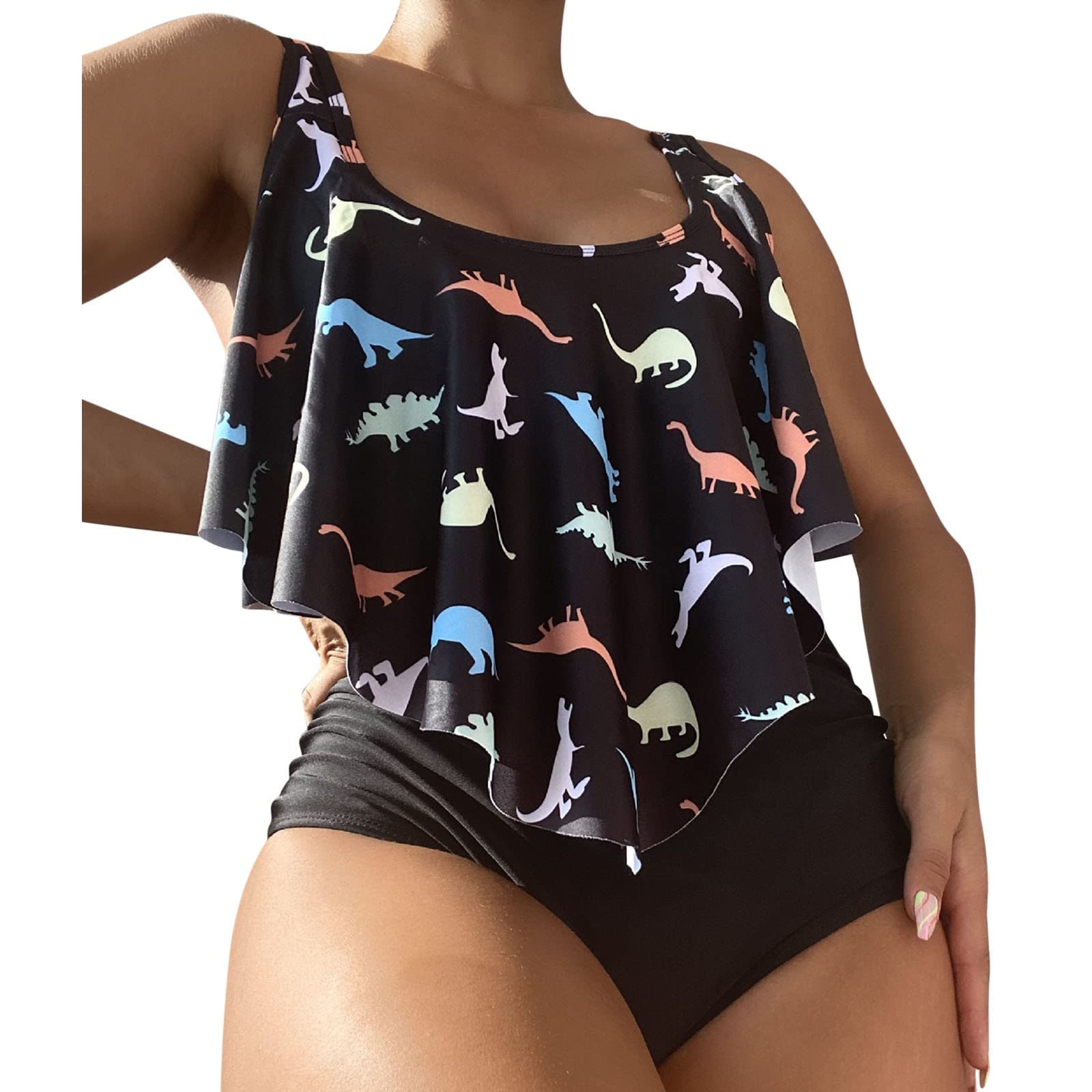 Women's 2 Piece Tankini Swimsuits - Spaghetti Straps Ruffled Flounce Top & High Waisted Bottom Bikini Set | Beachwear, Pool Party, Summer Vacation Outfit