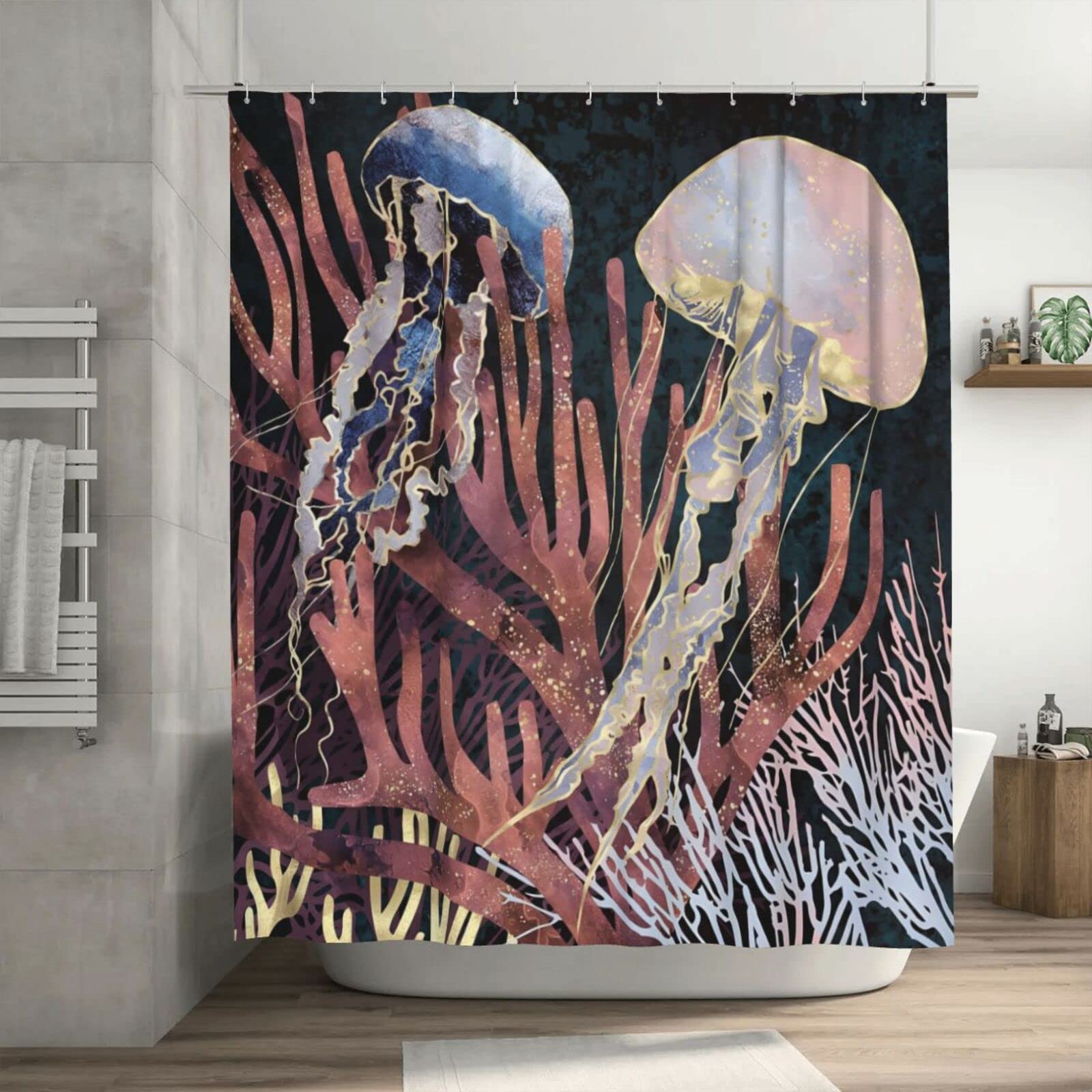 RTGSE Waterproof Shower Curtain Set - 72x72 Inch Abstract Deep Sea Fantasy Brown Jellyfish Design with 12 Plastic Hooks | Bathroom Decor for Coastal, Nautical or Ocean Theme | Fabric Liner for Home, Apartment, Dorm & RV Use