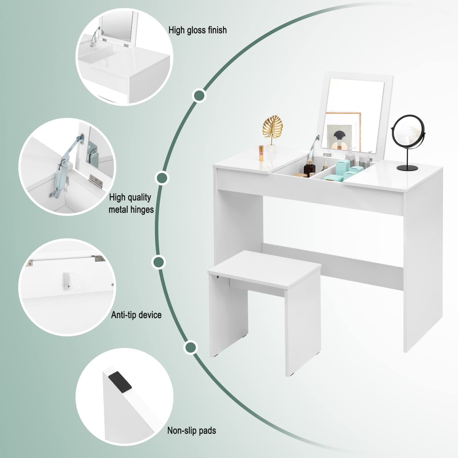 WOLTU Makeup Vanity Set with Stool & Mirror - Glossy Wood Dressing Table for Bedroom, White MB6047ws - Perfect for Home Beauty & Organizing