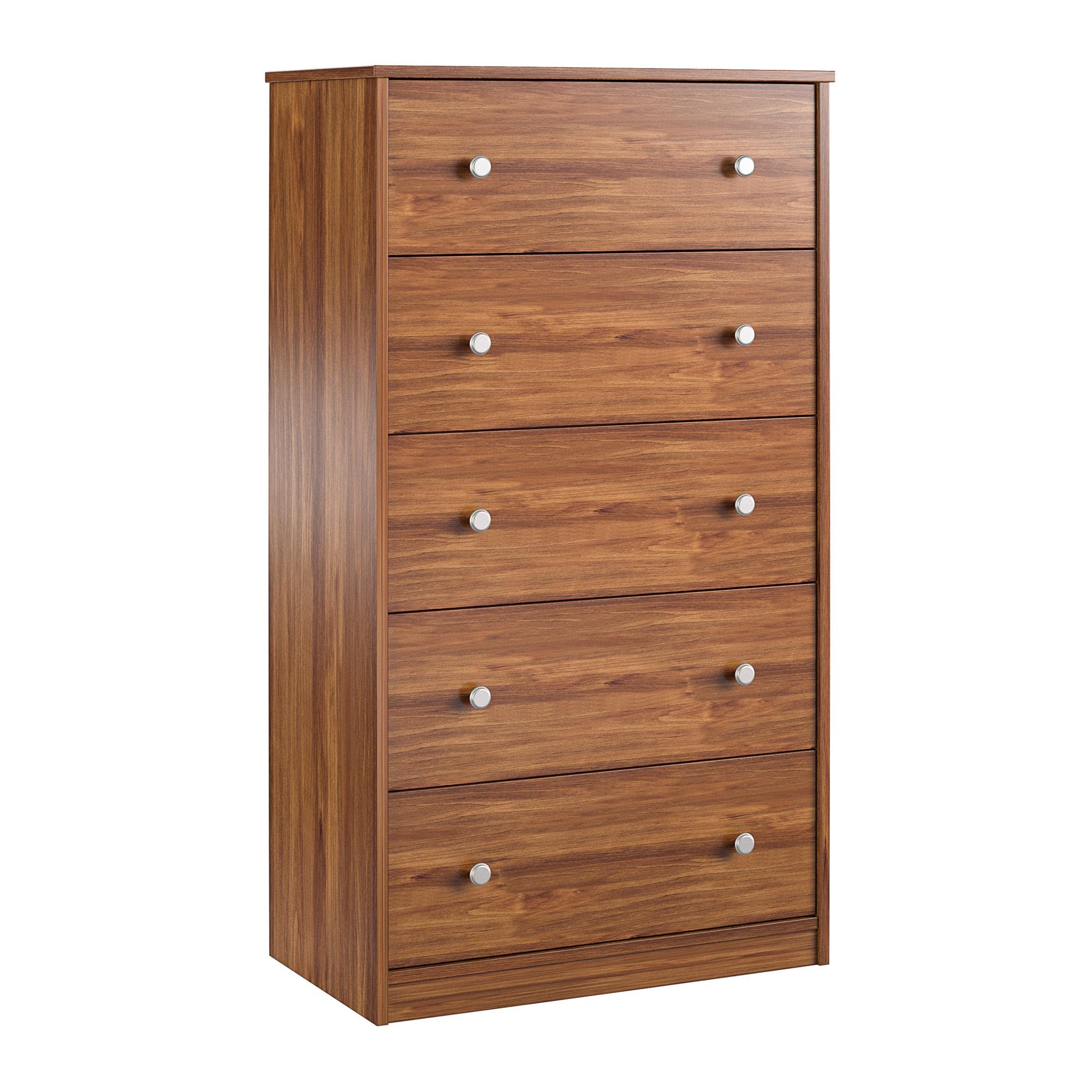 Ameriwood Home Ellwyn Tall 5-Drawer Dresser in Brown Oak - Stylish Bedroom Storage Solution for Clothes & Accessories