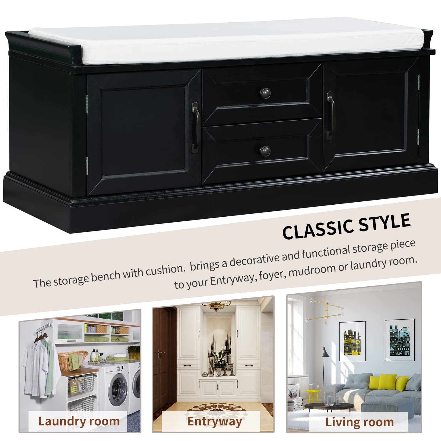 Danxee Wooden Shoe Storage Bench with Cushion - 2 Drawers & Cabinets for Entryway (Black) - Perfect for Hallway Organization