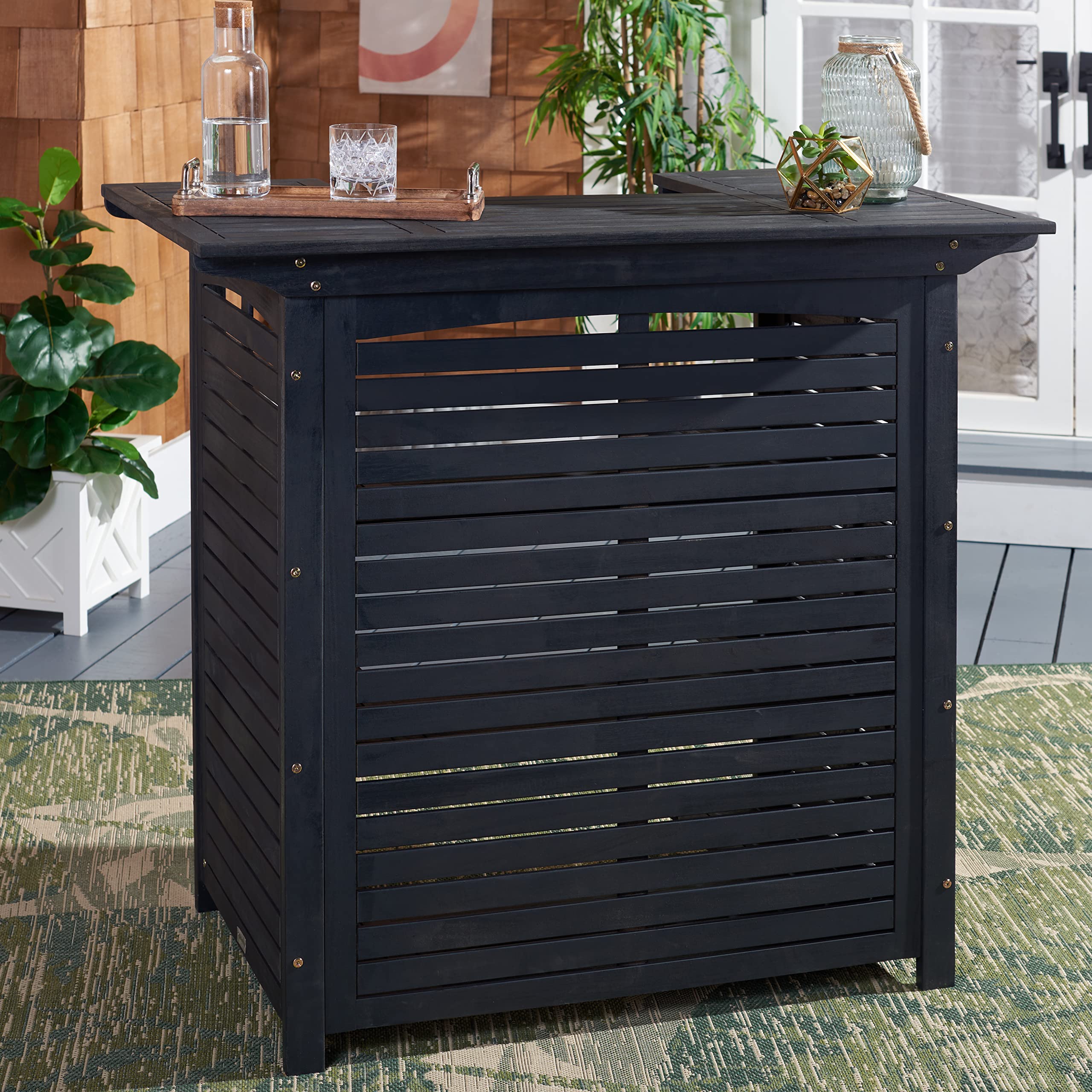 SAFAVIEH Monterey 42-inch Black Acacia Wood Outdoor Bar Table - Weather-Resistant Patio Dining & Poolside Entertaining Furniture
