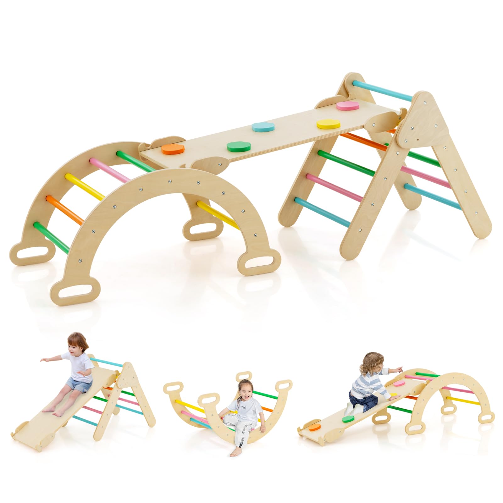 KOTEK 7-in-1 Foldable Montessori Climbing Gym for Toddlers - Triangle Ladder, Arch Climber, Slide, Climbing Ramp & Rocker - Wooden Indoor Playground Equipment for Kids (Colorful) | Perfect for Home Playrooms, Daycare Centers & Preschool Motor Skill Development