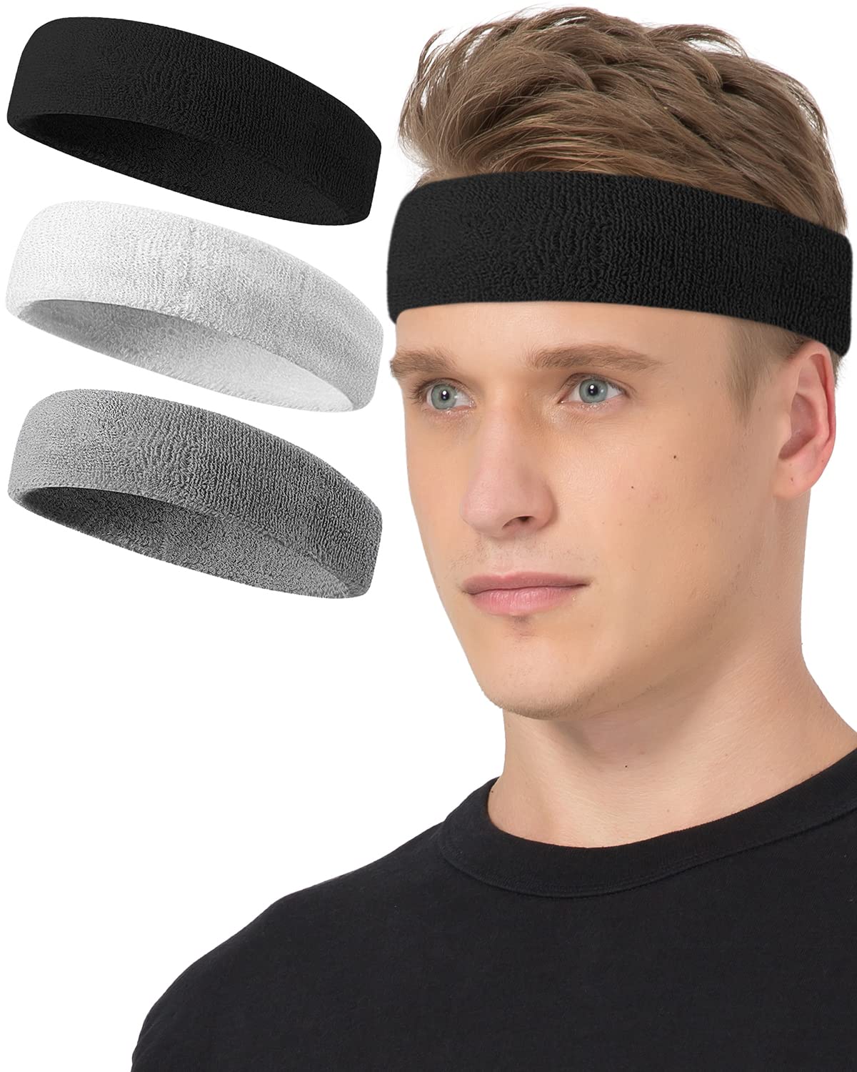 Tanluhu Sweatbands for Men & Women - Terry Cloth Athletic Headbands for Workout, Running, Tennis, Basketball - Breathable Cotton Sport Headband for Gym, Yoga & Outdoor Activities