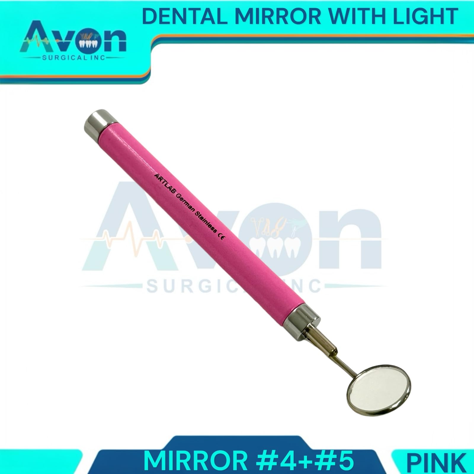 Pink Dental Examination Mirror with LED Light - #4 & #5 German Stainless Steel Teeth Inspection Tool for Dentists & Oral Care - Perfect for Dental Clinics, Home Use & Professional Teeth Cleaning