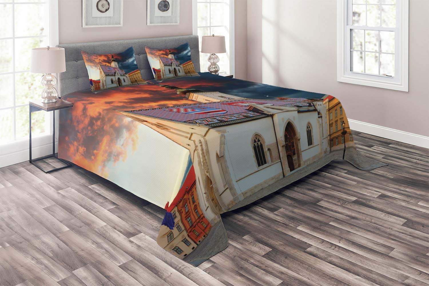 Ambesonne Croatia Coverlet - 3 Piece Quilted Bedspread Set with 2 Pillow Shams, King Size, Multicolor Sunset Zagreb Cityscape Design | Perfect for Master Bedroom, Guest Room & Bohemian Home Decor